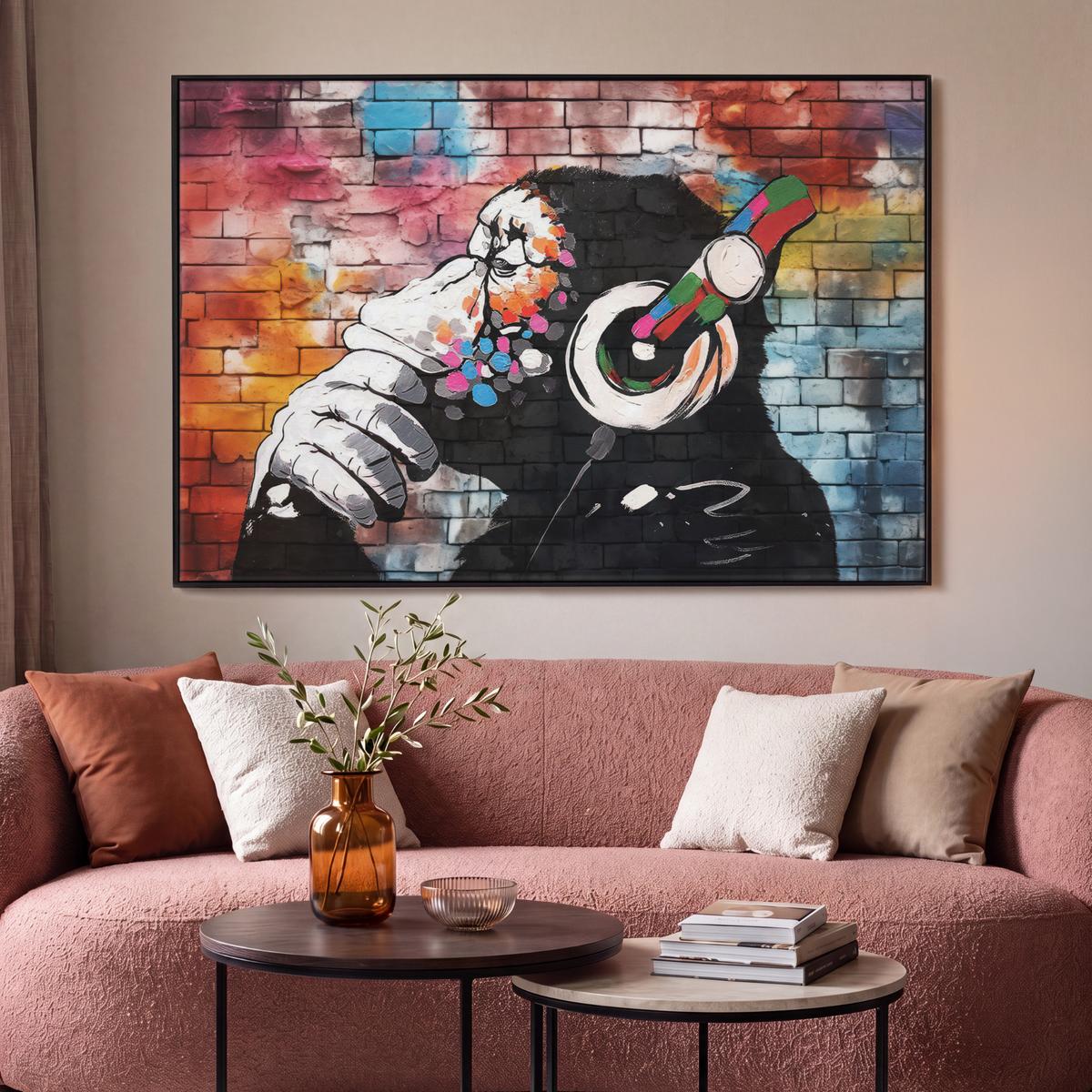 LEINWAND Bilder mit Rahmen - Affe - Graffiti - Musik - 150x100 - Multicolor, Textil (150/100cm) - MuchoWow