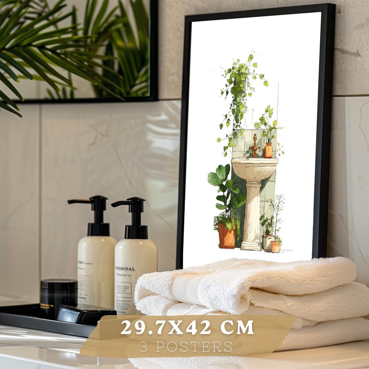 POSTER 3er-Set dekorative Badezimmerbilder, Wanddeko, im botanischen Stil, für Toilette, grüne Pflanzen Schwarzer Rahmen A3 - Schwarz, Papier (42/29.7/3cm) - Nacnic