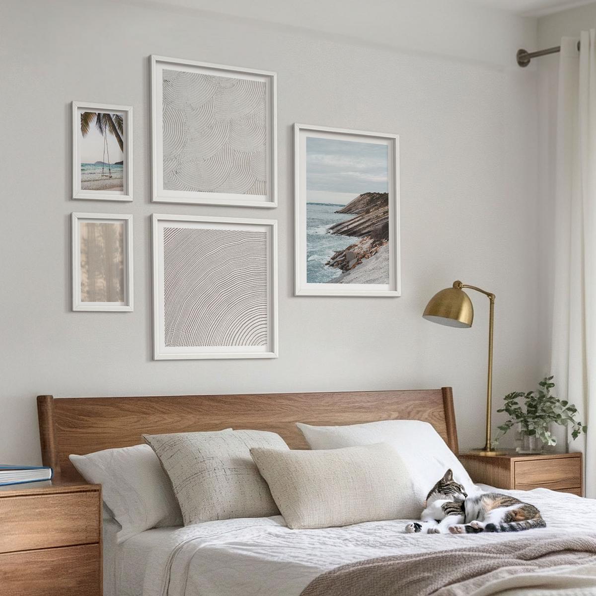 BILDER SET 5er Set - 50x50 cm & 20x30 cm & 40x60 cm Weißer Rahmen - Sommerlicher Sandstrand mit Meerblick - Weiß, Kunststoff (40/60cm) - TULUP