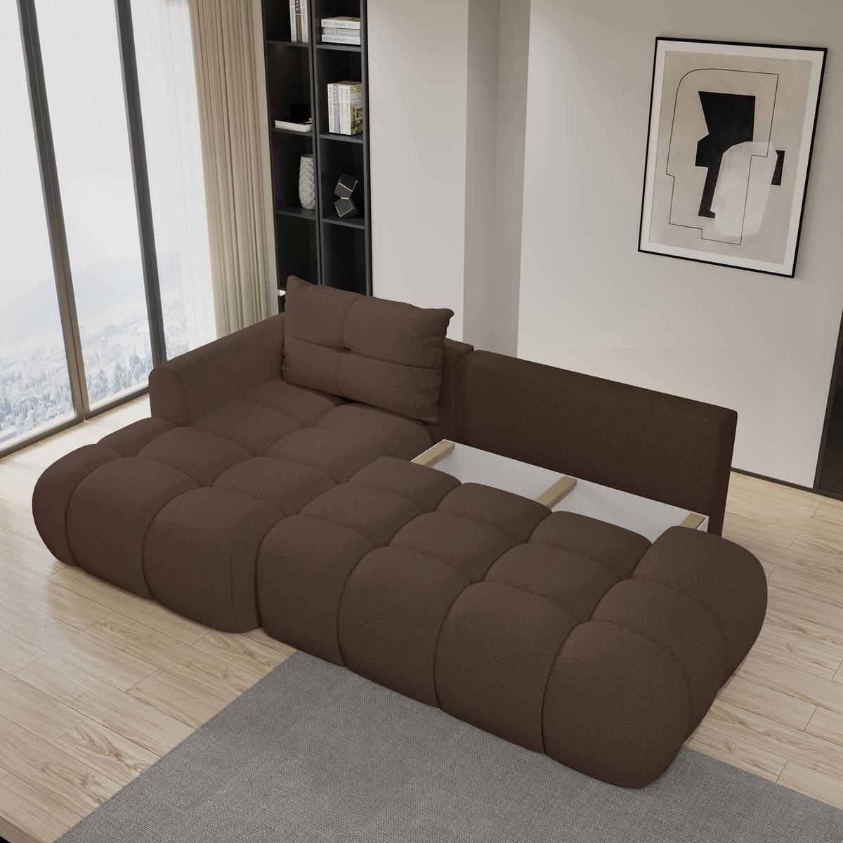 ECKSOFA FLUMA L-S Braun Boucle-Stoff mit Schlaffunktion - Braun, Holz (279/158cm) - MASSENO
