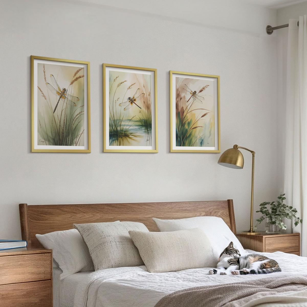 BILDER SET 3er Set - 40x60 cm Goldrahmen - Libellen im Gras, Wassermalerei - Goldfarben, Kunststoff (40/60cm) - TULUP