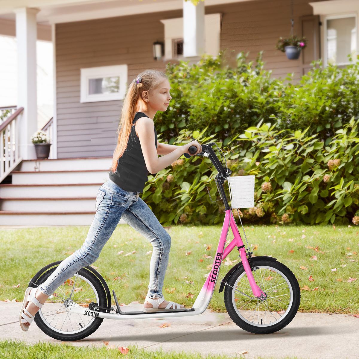 KINDERROLLER Scooter Tretroller mit Bremse Korb höhenverstellbar Gummi Rosa - Rosa, Metall (139/58/96cm) - HOMCOM