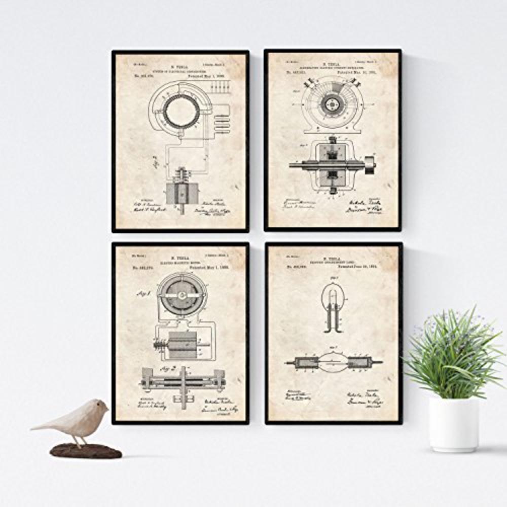 POSTER Set mit 4 Jahrgang Patenten Strom A4 Rahmenlos - Klar, Papier (29.7/3cm) - Nacnic