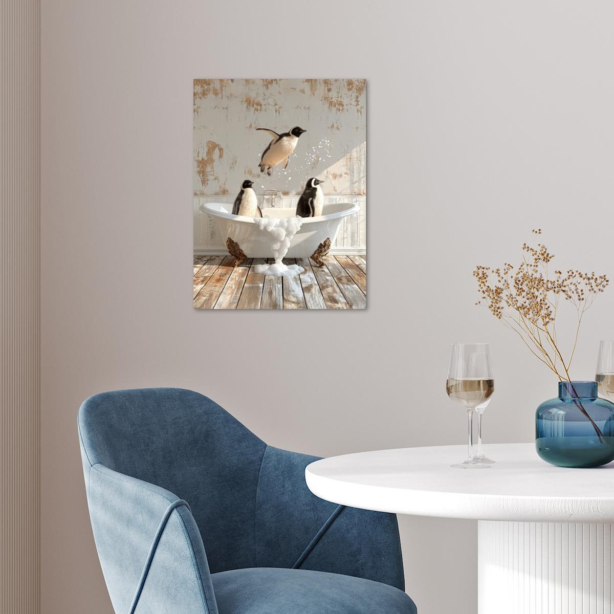 POSTER Vintage - Pinguin - Badewanne - Schaumstoff Wandbilder 30x40 cm - Schwarz, Papier (30/40/0.1cm) - MuchoWow