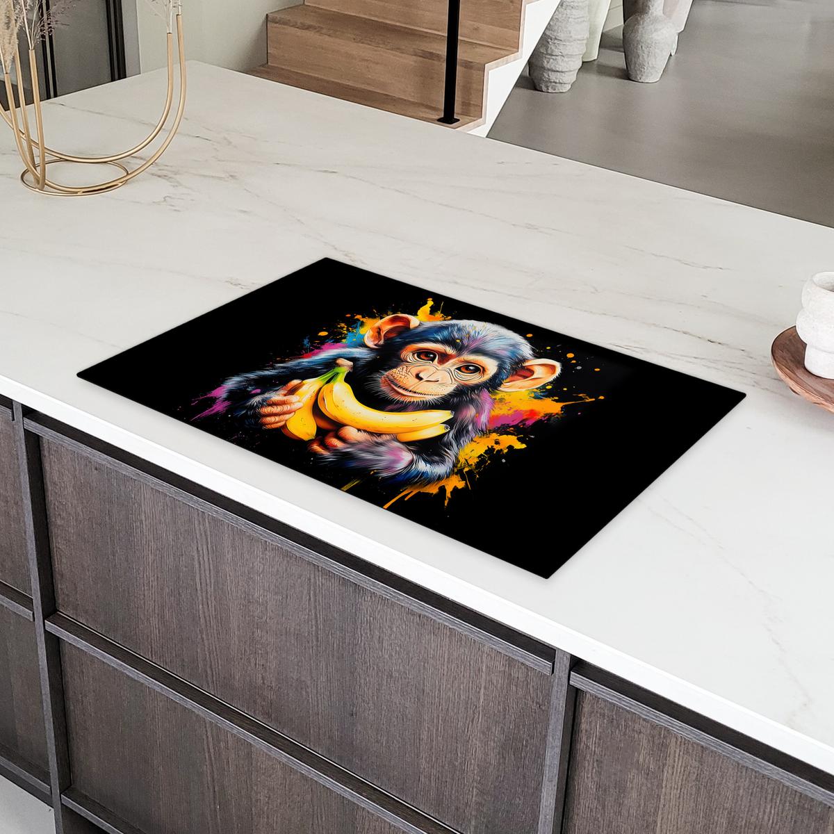 HERDABDECKPLATTE Affe - Graffiti - Farbenfroh - Bananen - Modern Ceranfeldabdeckung 85x52 cm - Gelb, Kunststoff (85/52/0.2cm) - MuchoWow