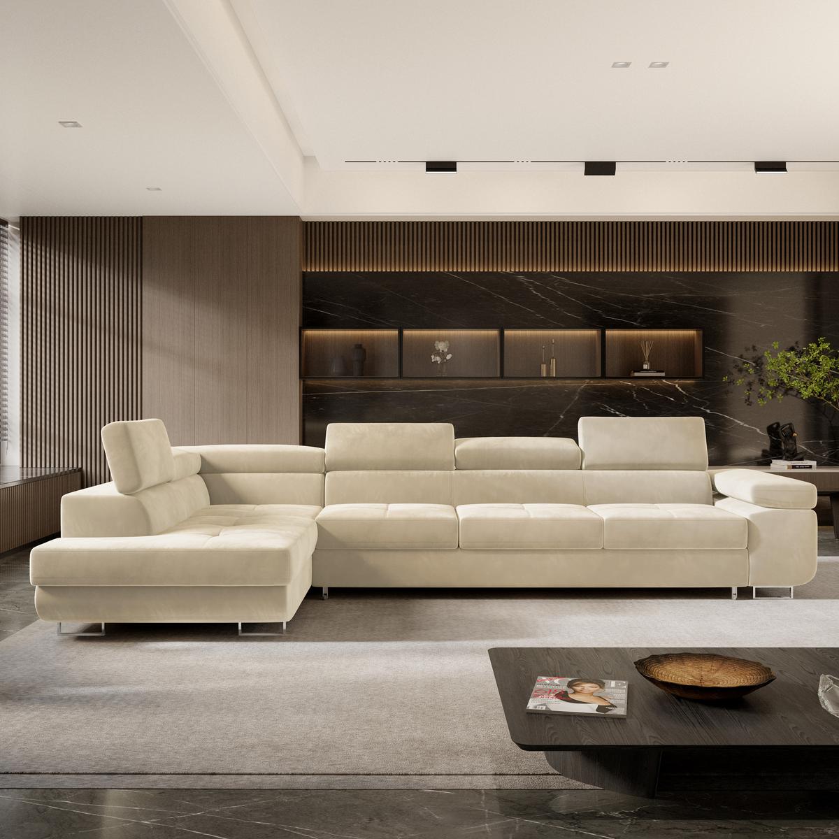 ECKSOFA VICENTE Creme Velours-Stoff mit Schlaffunktion - Creme, Holz (346/202cm) - MASSENO