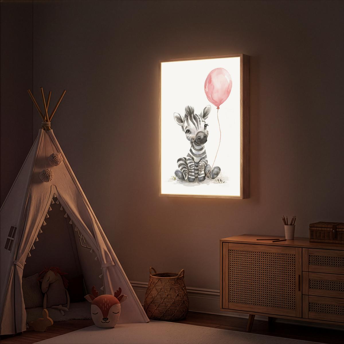 NACHTTISCHLAMPE MIT AKKU Zebra - Baby - Tiere - Rosa Luftballon 60x90 cm - Weiß, Holzwerkstoff (8/60/90cm) - OnlyWow