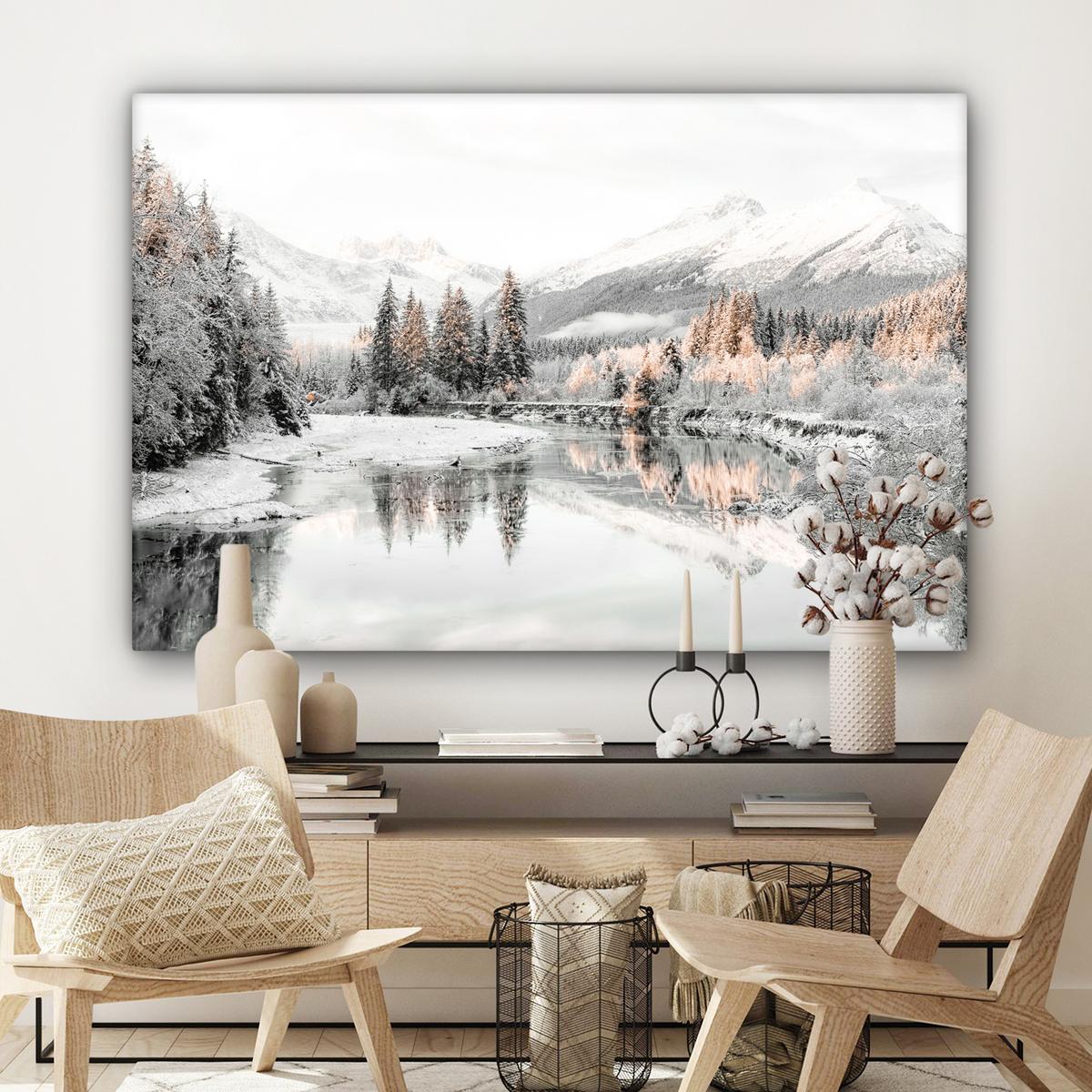 LEINWANDBILD Natur - Winter - Bäume - Berge - Schnee Wohnzimmer Groß 120x80 cm - Weiß Hochglanz, Textil (120/80cm) - MuchoWow