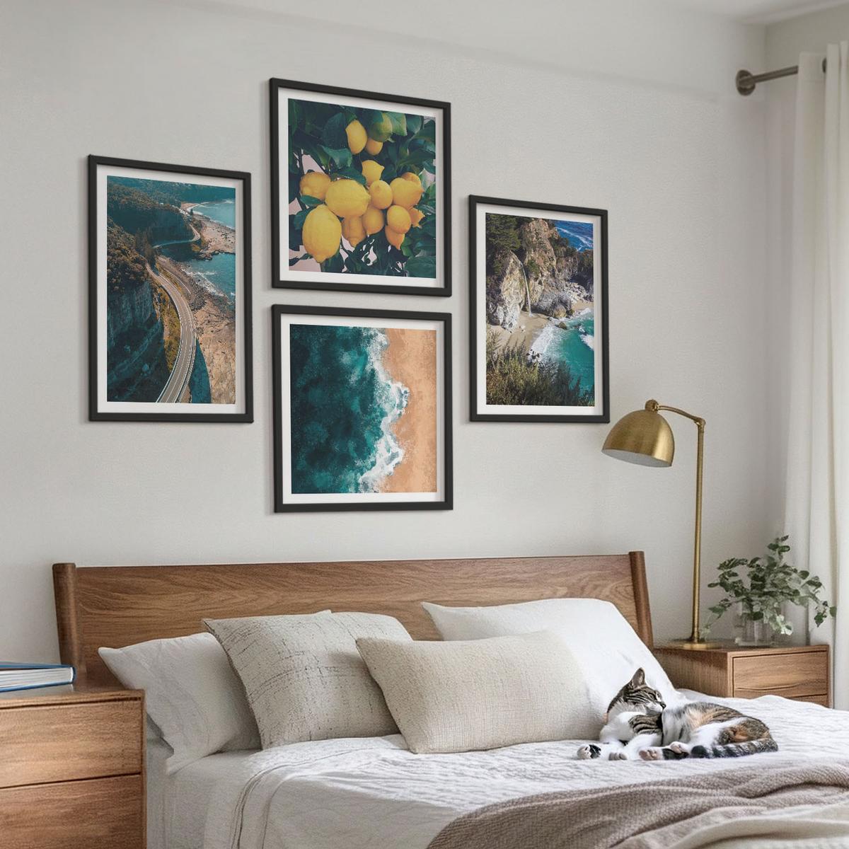 BILDER SET 4er Set - 50x50 cm & 40x60 cm Schwarzer Rahmen - Meerstrand Zitronen Berge - Schwarz, Kunststoff (50/50cm) - TULUP
