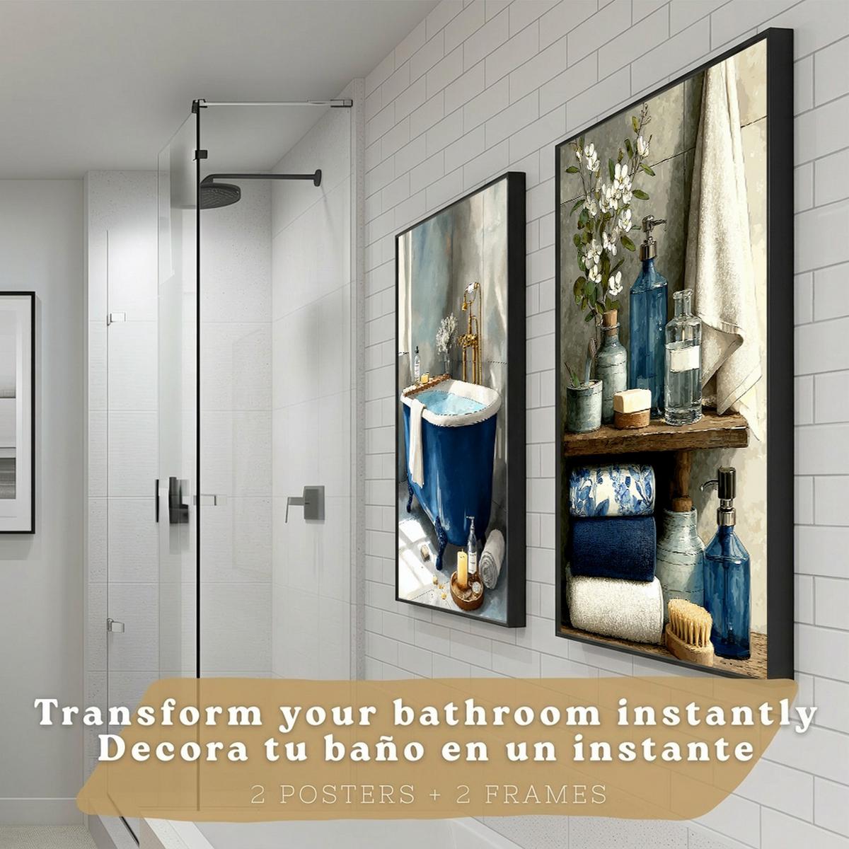 POSTER 2er-Set dekorative Badezimmer-Poster, moderne Wandbilder für Waschbecken, elegante Dekoration mit blauer Badewanne Schwarzer Rahmen A3 - Schwarz, Papier (42/29.7/3cm) - Nacnic