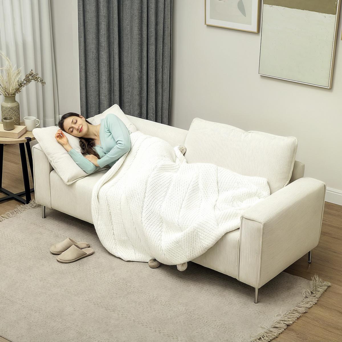 3-SITZER Sofa, Couch mit Armlehnen, Rückenkissen, für Wohnzimmer, Schlafzimmer - Silberfarben/Creme, Textil/Metall (77/80/193cm) - HOMCOM