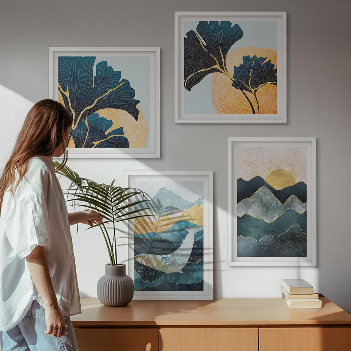 BILDER SET 4er Set - 50x50 cm & 40x60 cm Weißer Rahmen - Abstrakte ästhetische Berge - Weiß, Kunststoff (50/50cm) - TULUP