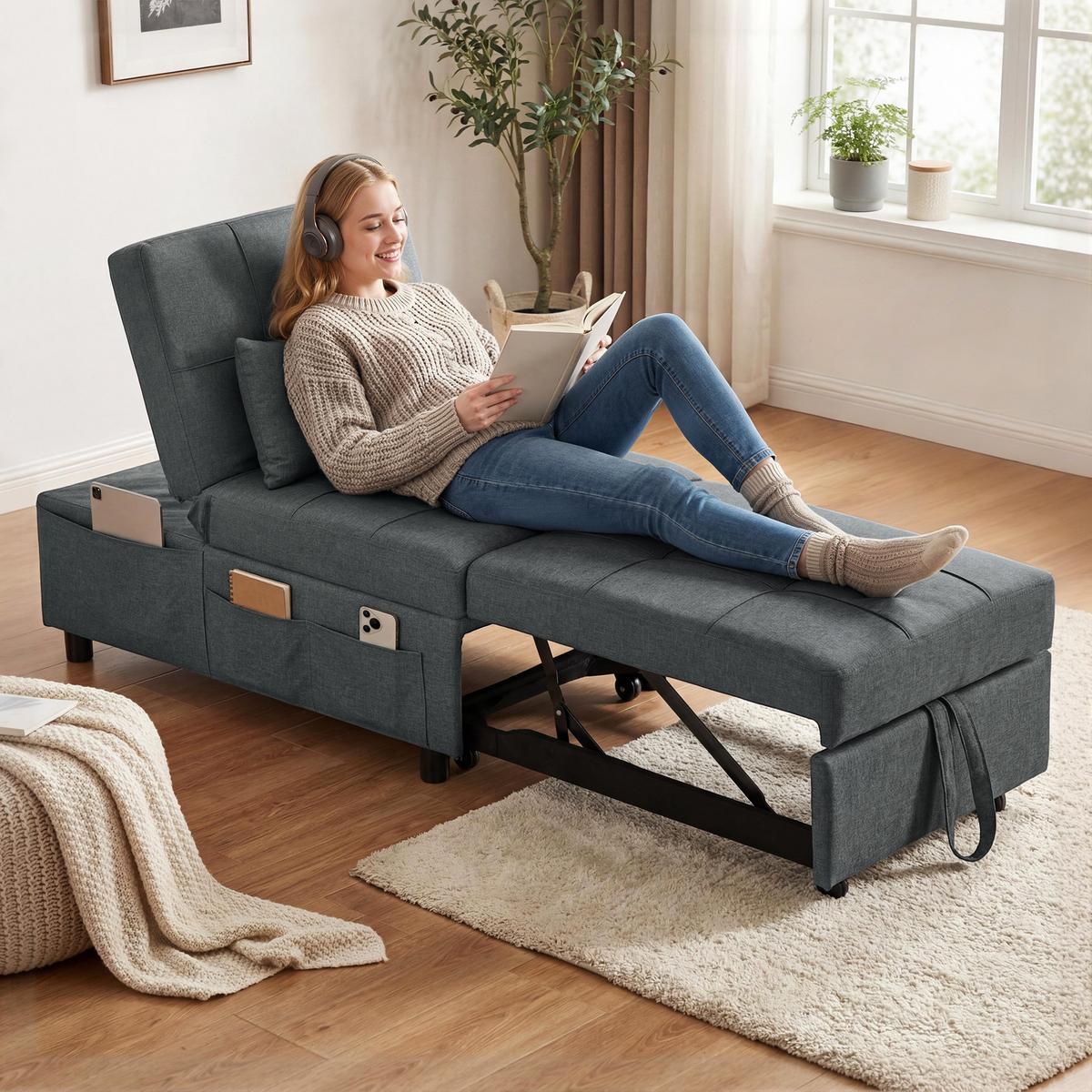 SCHLAFSESSEL aus Eukalyptusholz Polyester Grau - Dunkelgrau, Textil (104/43/65.5cm) - HOMCOM