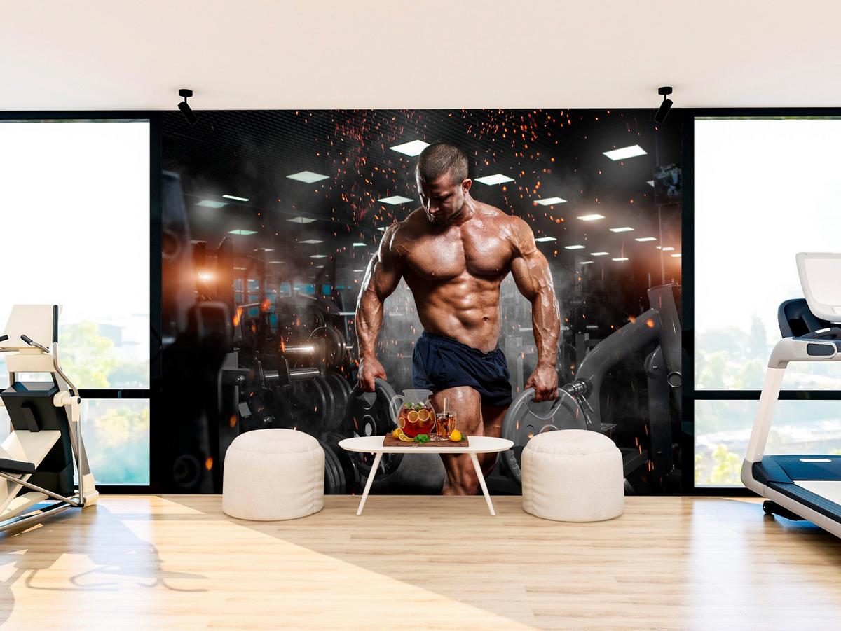 FOTOTAPETE Muskulöser Mann Gym Fitnessstudio Sport 350x256 - Beige/Schwarz, Papier (350/256cm) - Muralo