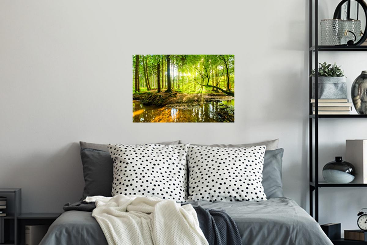 WANDTATTOO Wald - Landschaft - Wasser - Bäume - Sonne - Grün - Natur Deko Wohnzimmer 60x40 cm - Grün, Kunststoff (60/40/0.1cm) - MuchoWow