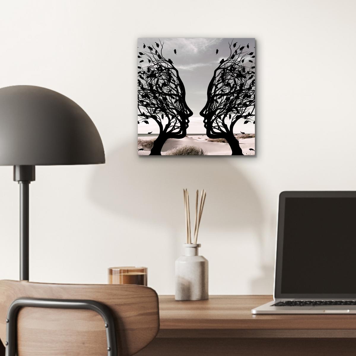 METALLBILD Strand - Meer - Menschen - Baum - Moderne Kunst 20x20 cm - Hellgrau, Metall (20/20cm) - MuchoWow