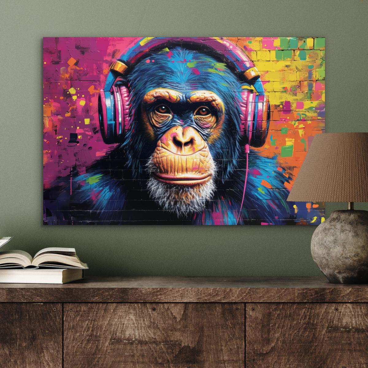 METALLBILD Graffiti - Schimpanse - Straßenkunst - Kopfhörer - Affe Wandbild 60x40 cm - Blau, Metall (60/40cm) - MuchoWow