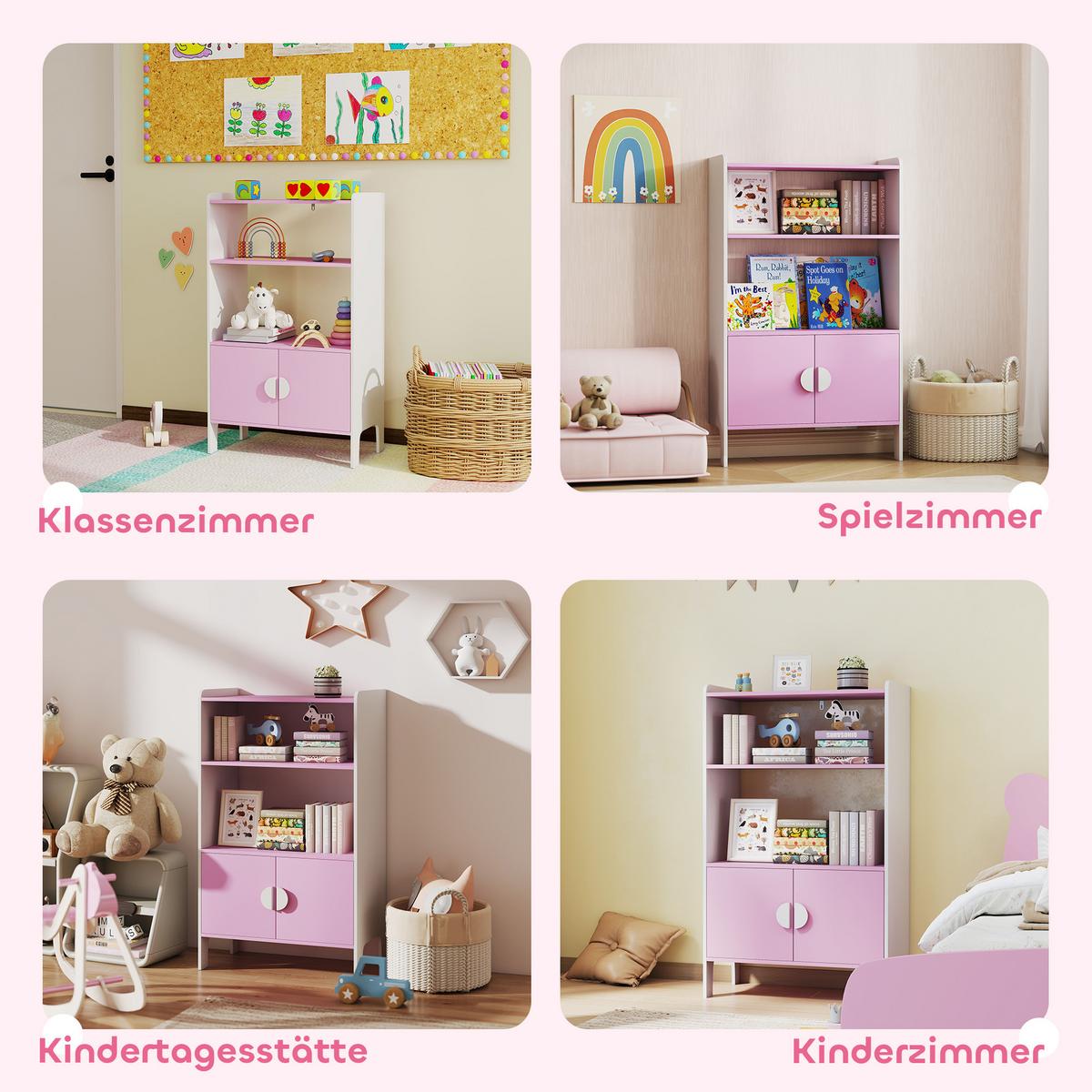 BÜCHERREGAL Kinderregal mit 2 Ablagen und 2 Schranktüren - Rosa/Weiß, Holzwerkstoff (35/100/60cm) - AIYAPLAY