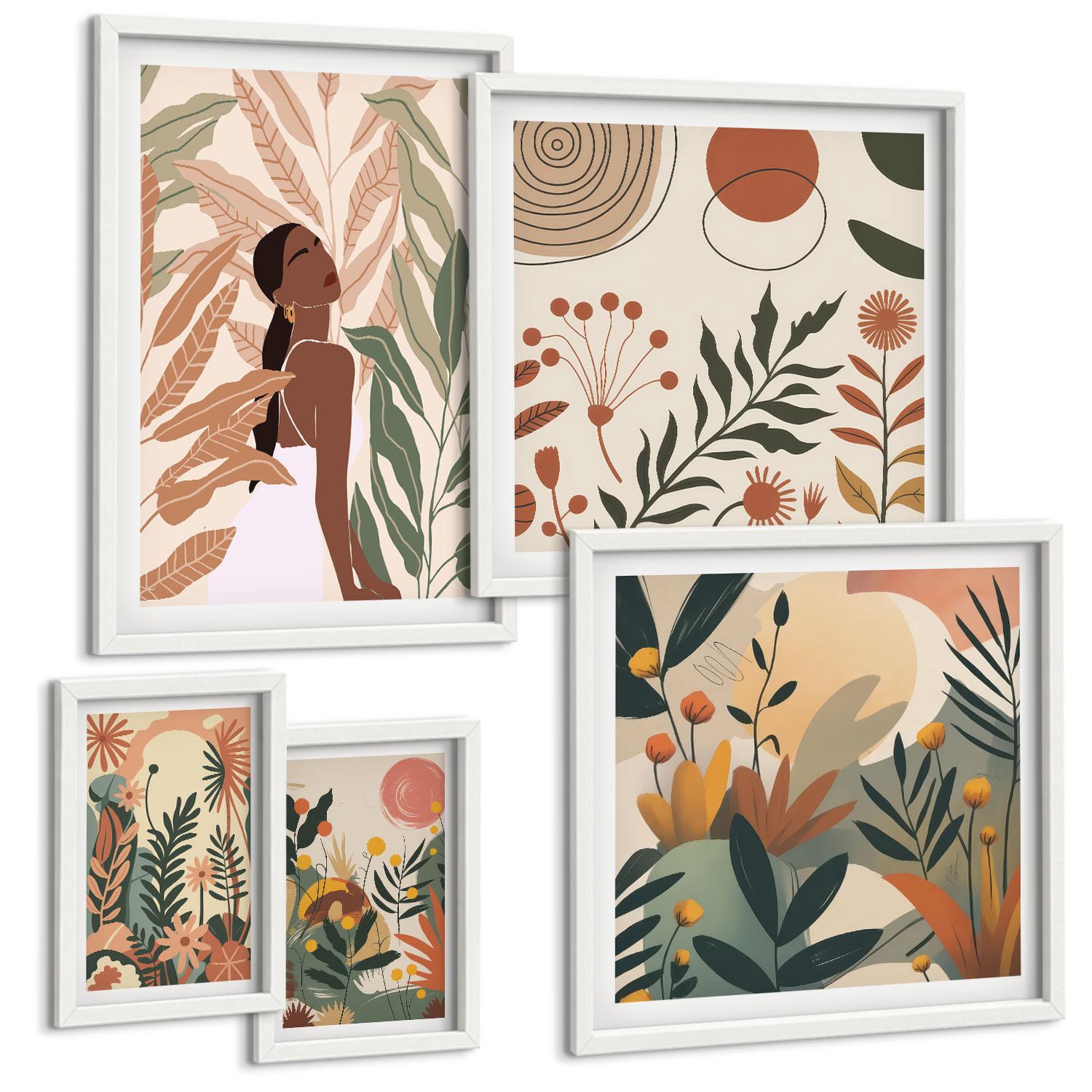 BILDER SET 5er Set - 50x50 cm & 20x30 cm & 40x60 cm Weißer Rahmen - Pflanzenmotive in Farben - Weiß, Kunststoff (40/60cm) - TULUP