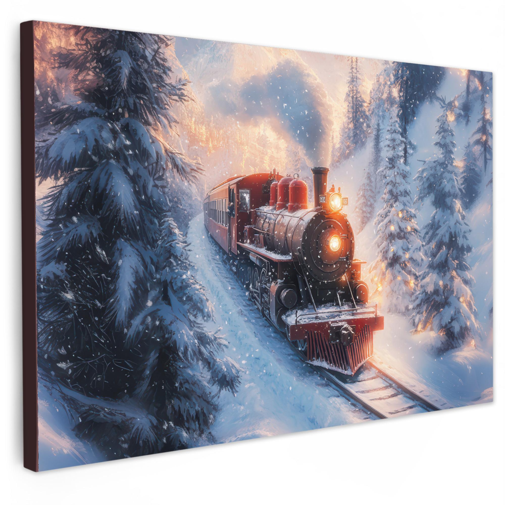 LEINWANDBILD Weihnachtszug - Schnee - Winter - Weihnachten Gemälde 60x40 cm - Dunkelrot, Textil (60/40cm) - MuchoWow