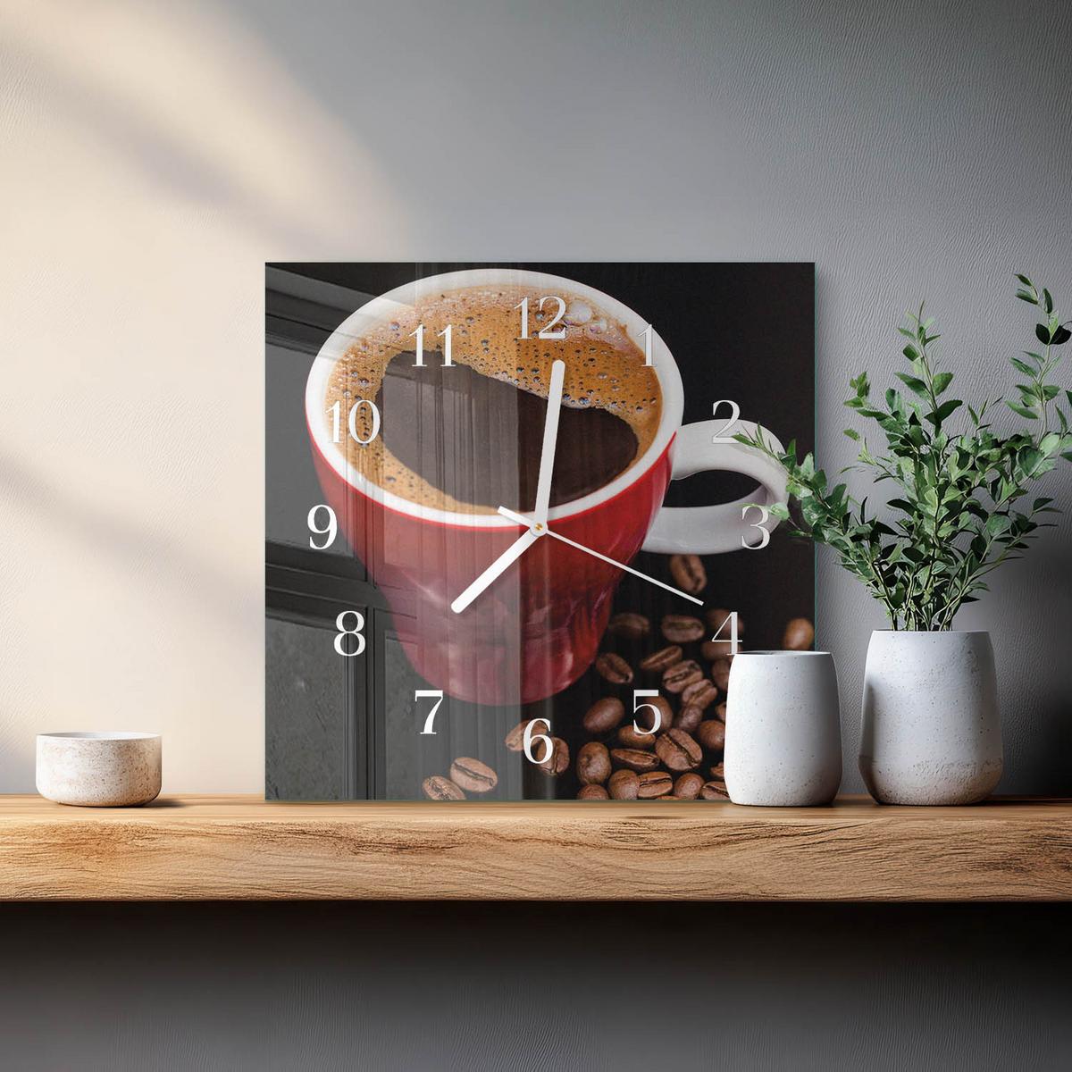WANDUHR aus Glas 30x30 cm - Tasse Kaffee - Braun, Glas (30/30/0.4cm) - TULUP