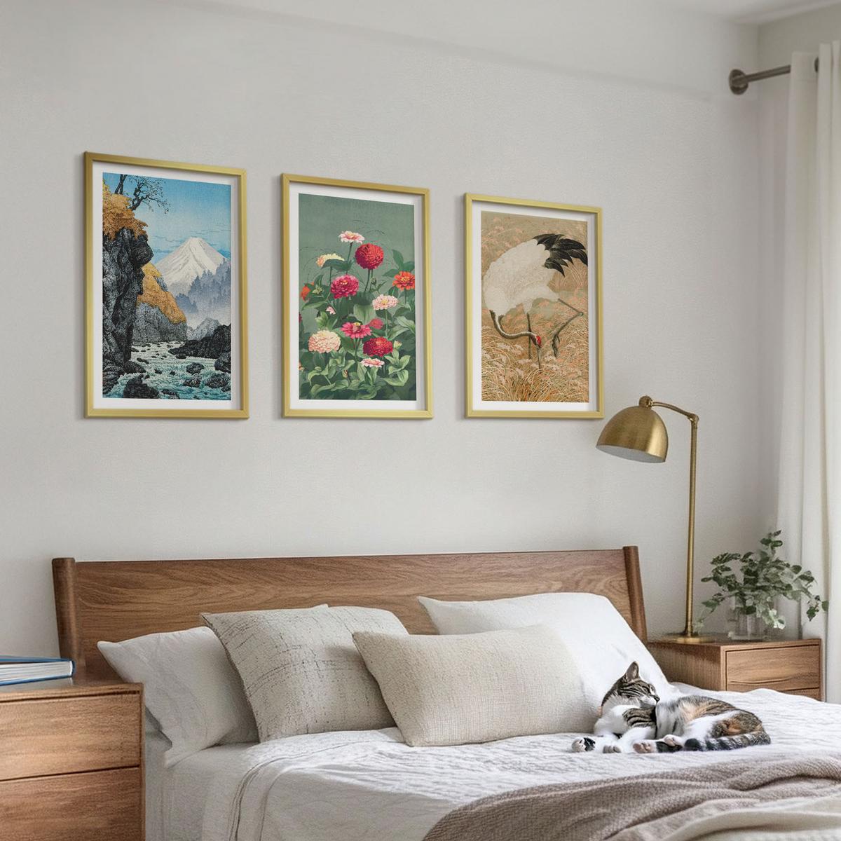 BILDER SET 3er Set - 40x60 cm Goldrahmen - Berglandschaft, Fluss, Blumen, Kraniche - Goldfarben, Kunststoff (40/60cm) - TULUP