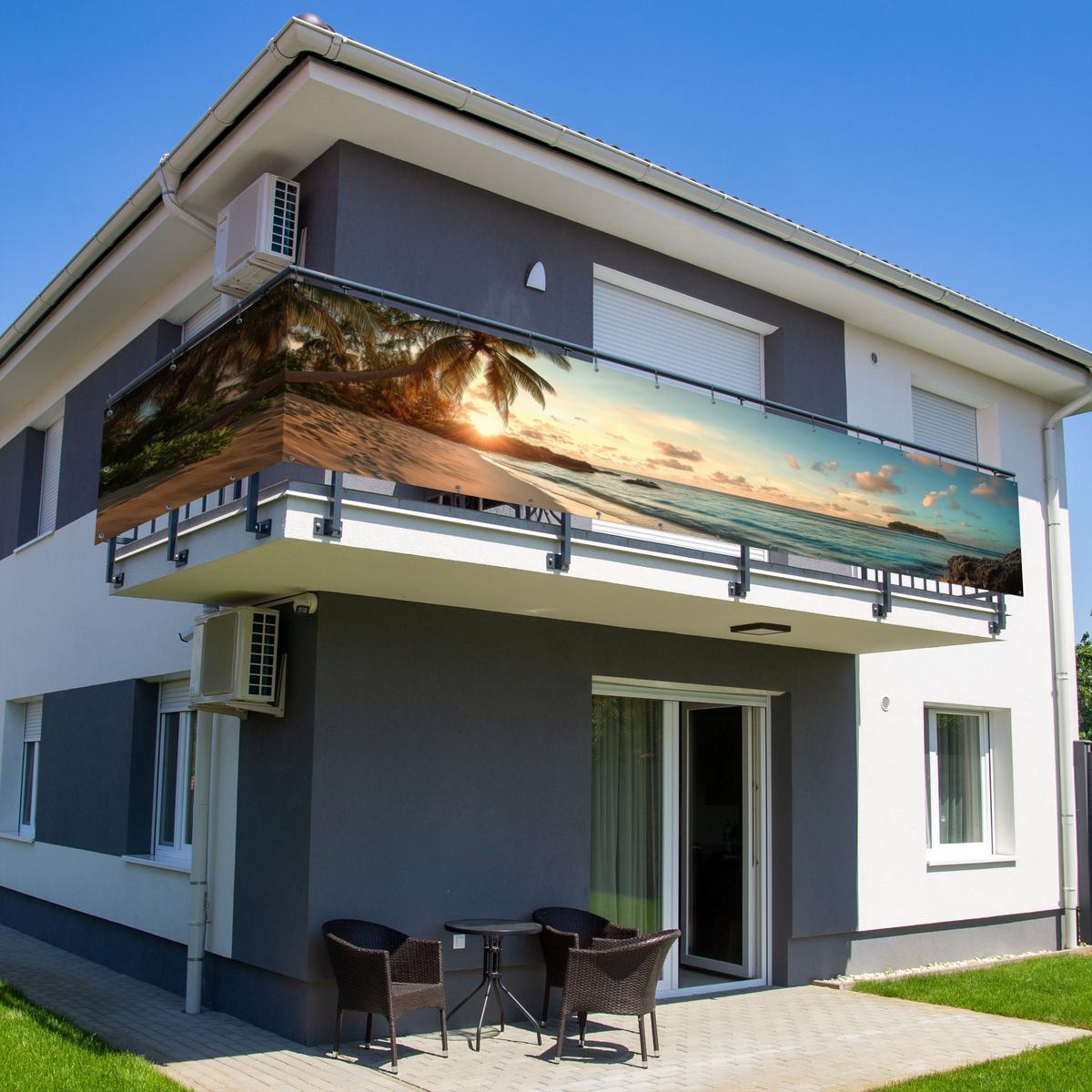 BALKON-SICHTSCHUTZ Strand - Palmen - Meer - Sonnenuntergang Groß 500x80 cm - Samtahornfarben, Kunststoff (500/80cm) - MuchoWow