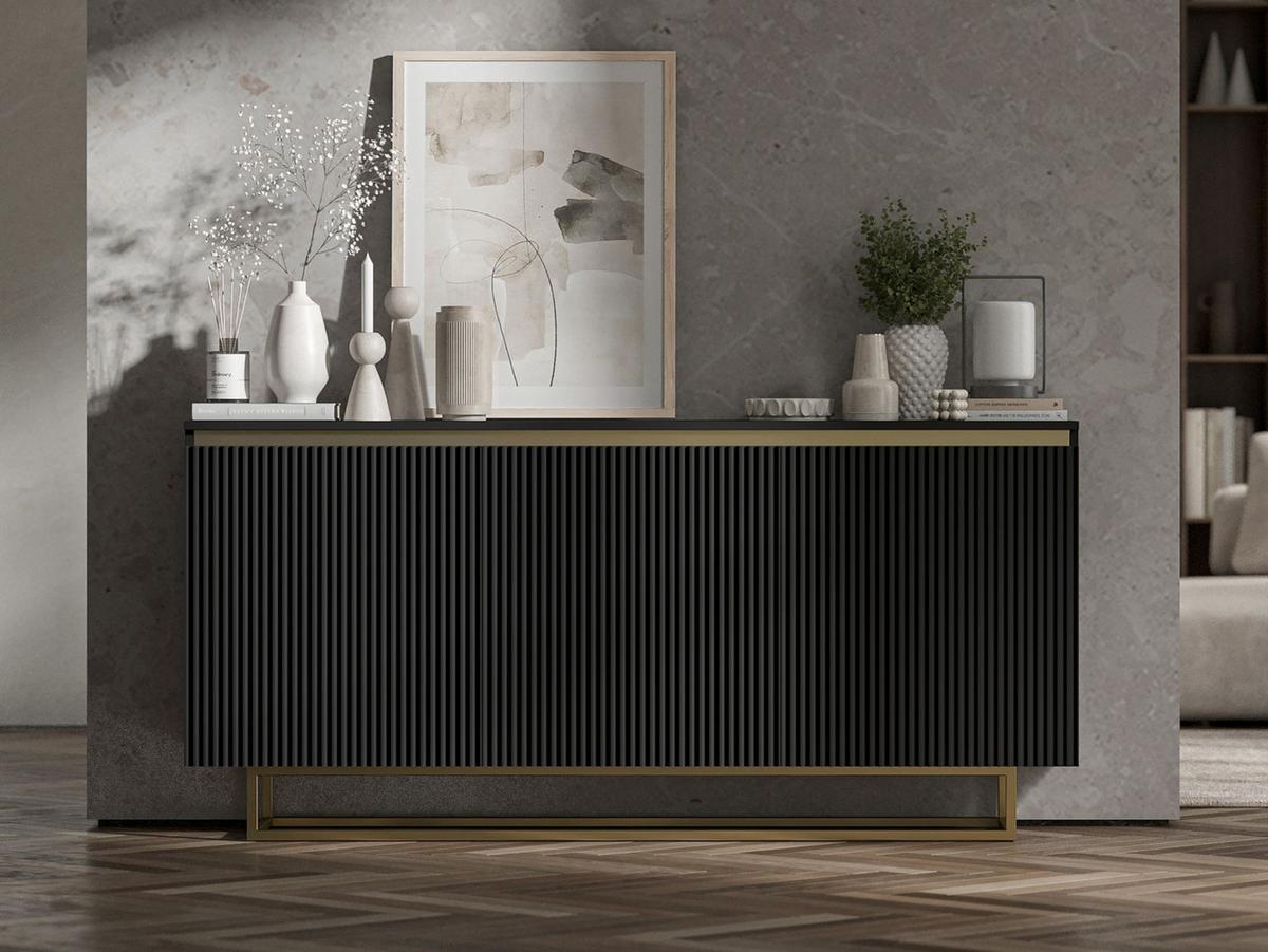 SIDEBOARD Selene 3D Schwarz Matt mit geriffelten Fronten Glamour 167 cm - Goldfarben/Schwarz, Holzwerkstoff/Metall (167/79/35cm) - Meble Lindner