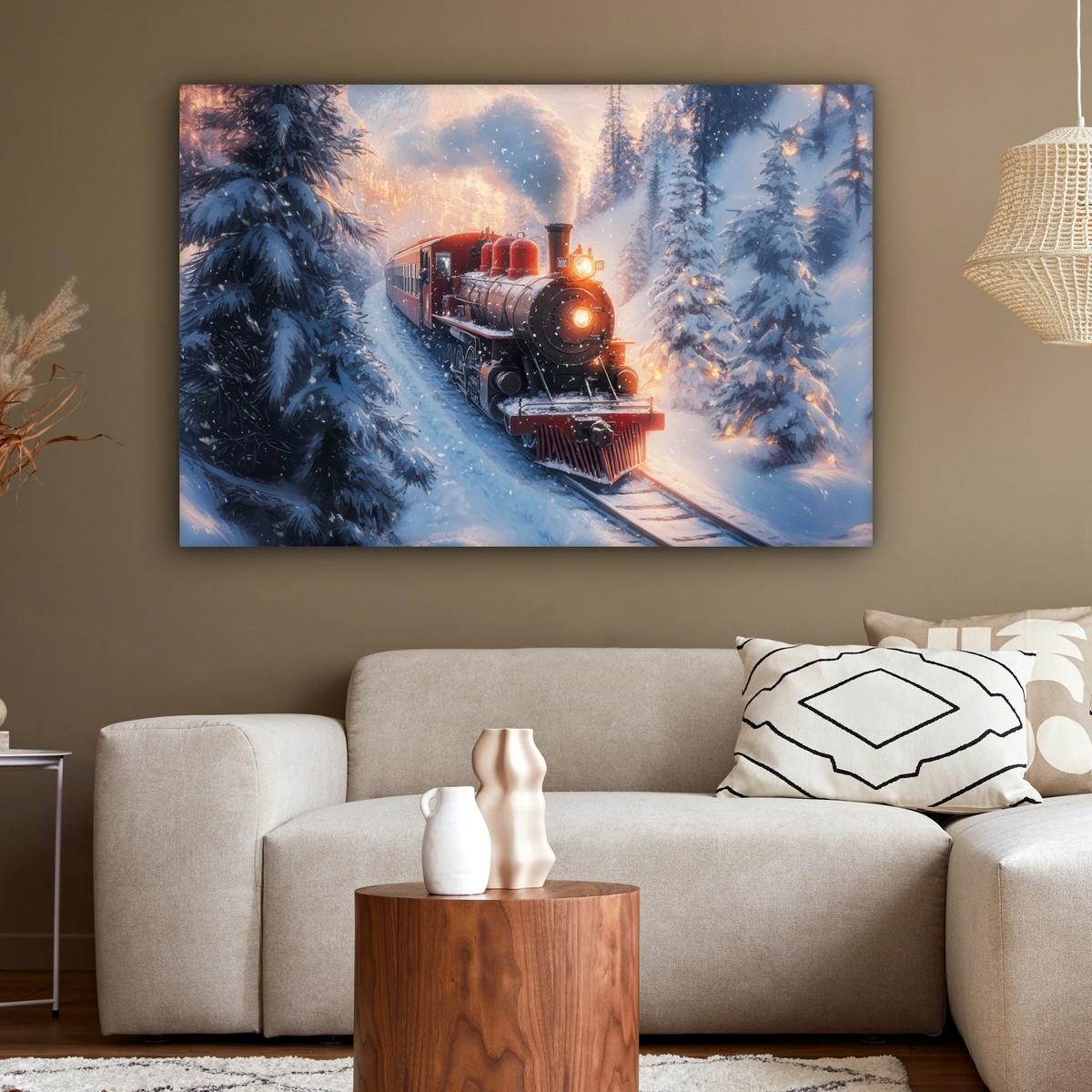 LEINWANDBILD Weihnachtszug - Schnee - Winter - Weihnachten Groß 140x90 cm - Dunkelrot, Textil (140/90cm) - MuchoWow