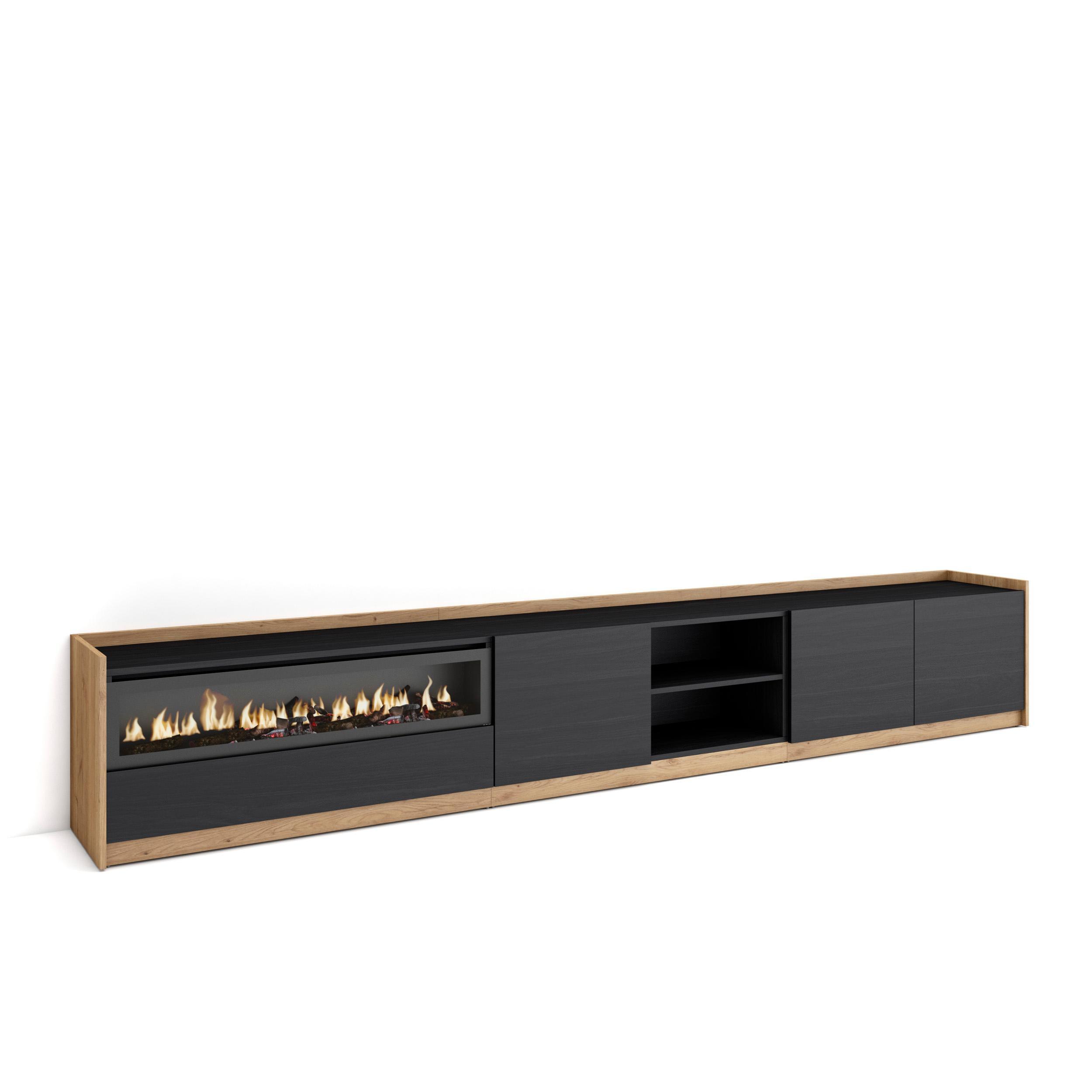 LOWBOARD, Schwarz Eiche, Elektrokamin, 310/37/50cm - Schwarz, Holzwerkstoff (310/50/37cm) - Skraut Home