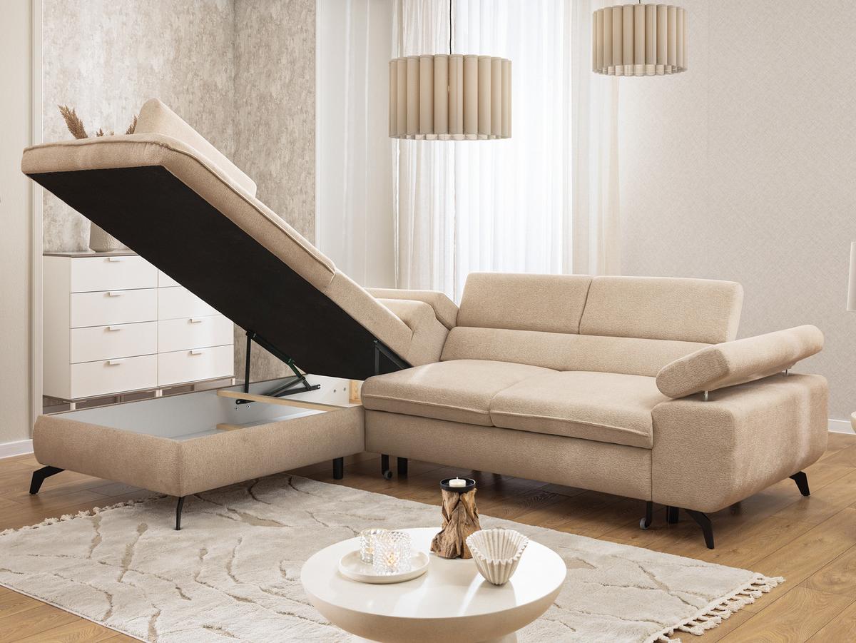 ECKSOFA mit Schlaffunktion und Bettkasten Bonnie aus Taupe Chenille-Stoff mit verstellbaren Kopfstützen und Armlehne - Ottomane links - Taupe/Schwarz, Holz/Textil (275/210cm) - S-Style