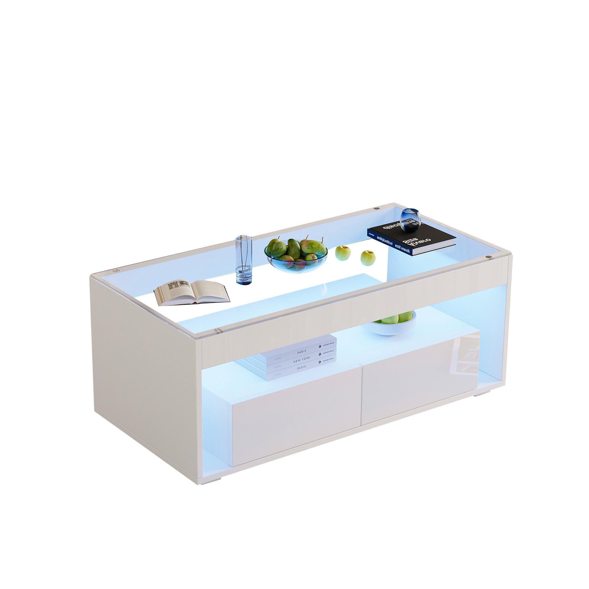COUCHTISCH Weiß Hochglanz mit LED & 2 Schubladen - Beige, Holzwerkstoff (50/100/40cm) - Urban Meuble