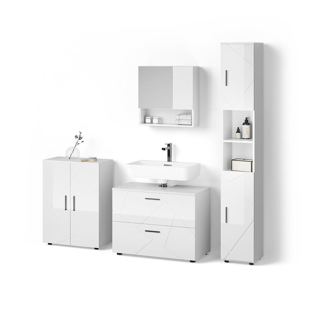 BADMÖBEL-SET Ronco Weiß Hochglanz 4 Teile, mit Schubladenschrank und Midischrank - Weiß Hochglanz, Holzwerkstoff (80/58/41cm) - Livinity®