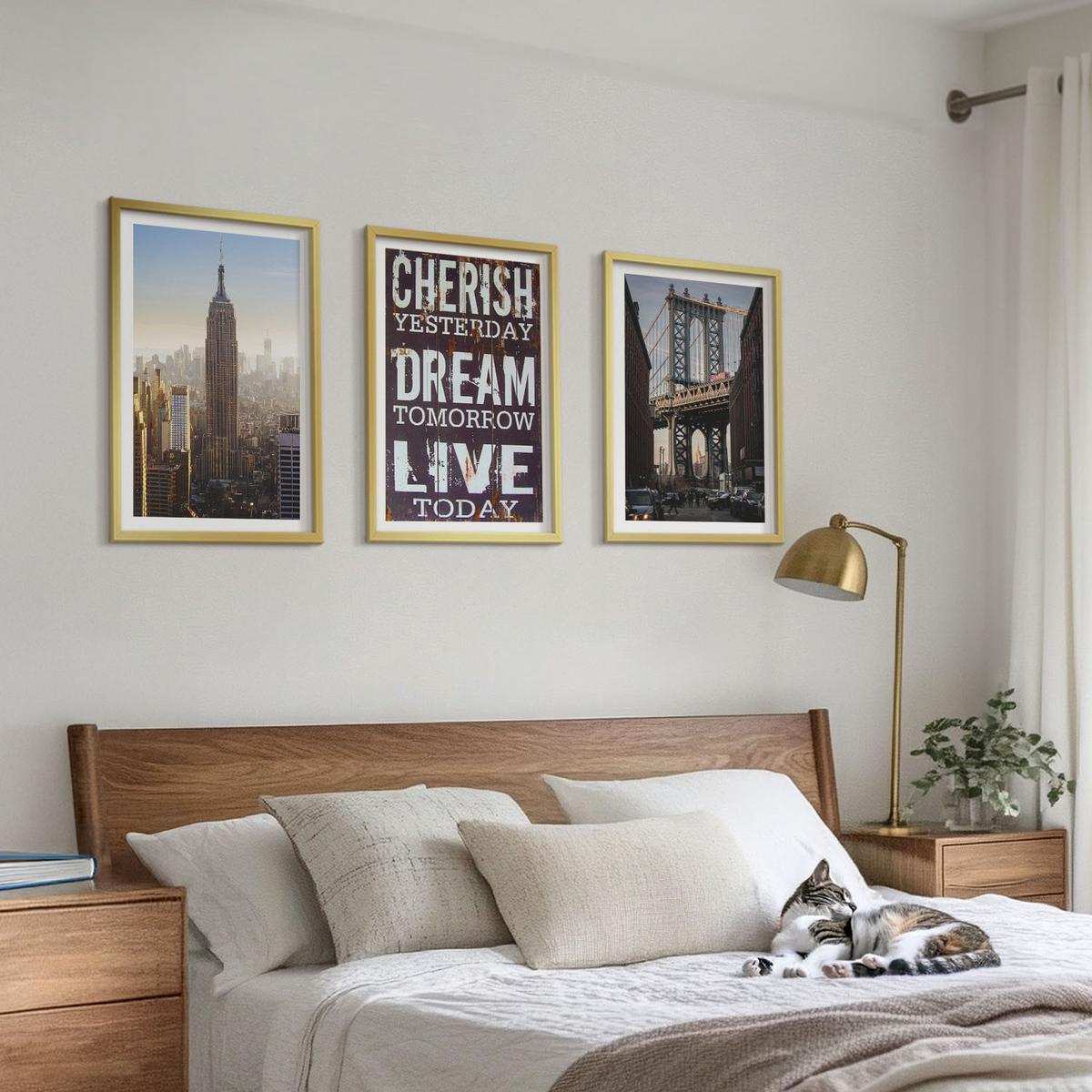 BILDER SET 3er Set - 40x60 cm Goldrahmen - Zitat über New Yorker Landschaften - Goldfarben, Kunststoff (40/60cm) - TULUP