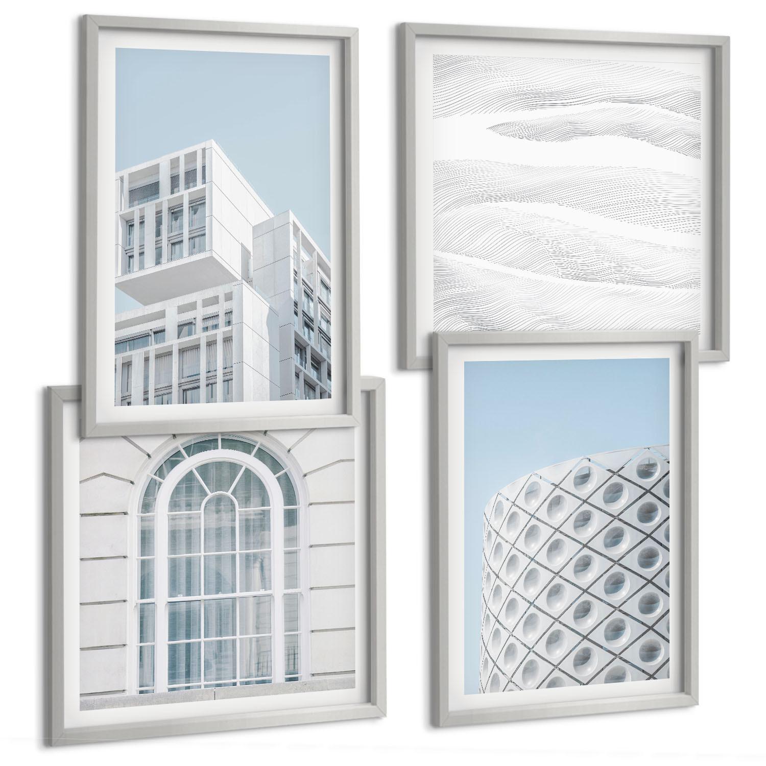 BILDER SET 4er Set - 50x50 cm & 40x60 cm Silberner Rahmen - Moderne Architekturgeometrie - Silberfarben, Kunststoff (50/50cm) - TULUP