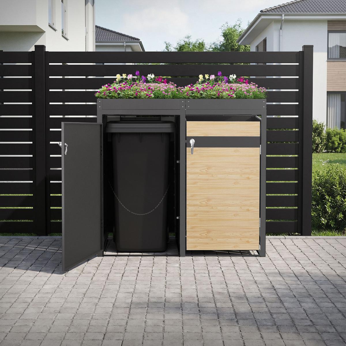 MÜLLTONNENBOX 4er mit Pflanzdach Anthrazit-Holzoptik - Hellbraun, Metall (264/124/80cm) - ML-DESIGN