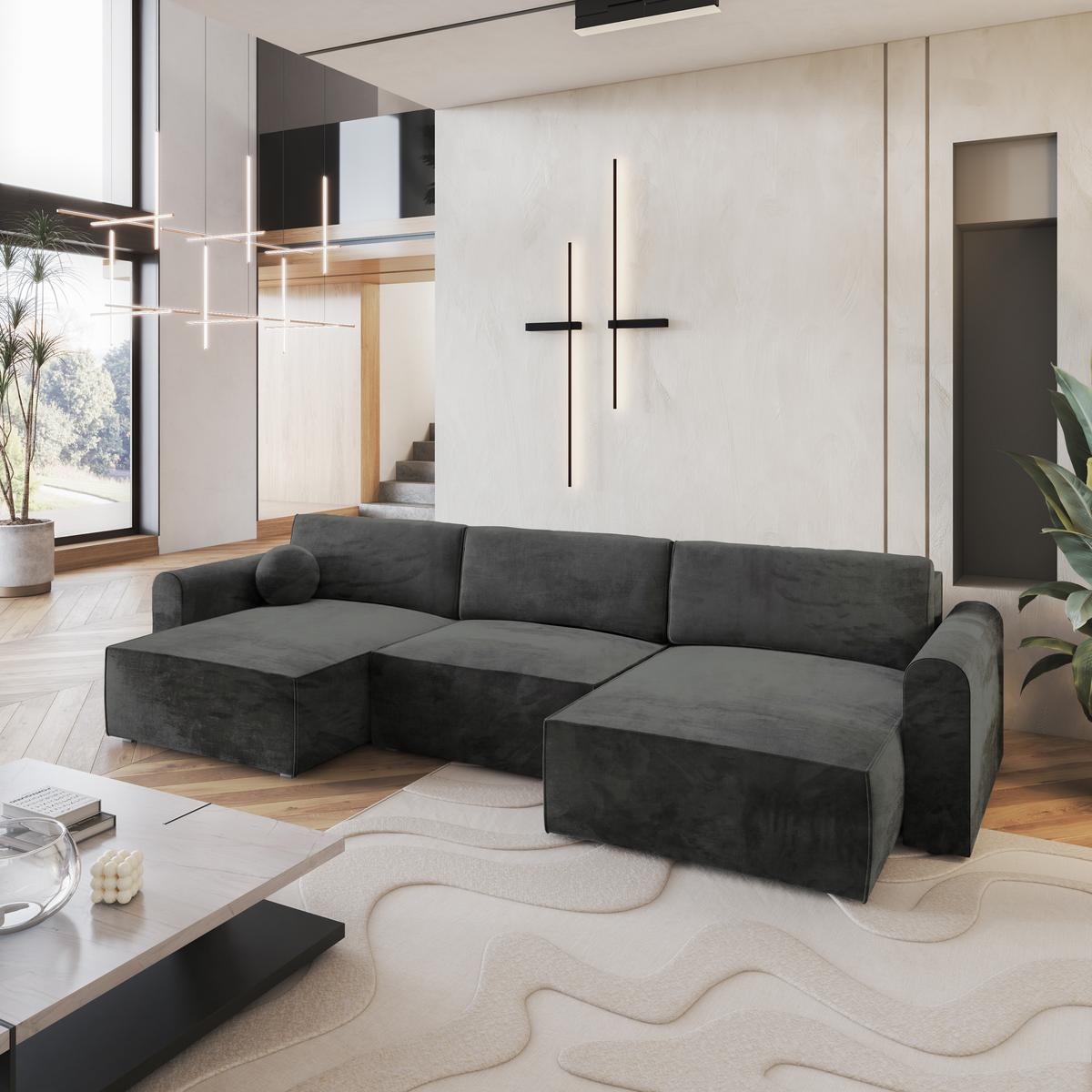 WOHNLANDSCHAFT FENTO M Schwarz Velours-Stoff mit Schlaffunktion - Schwarz/Grau, Holz/Kunststoff (347/90/148cm) - MASSENO