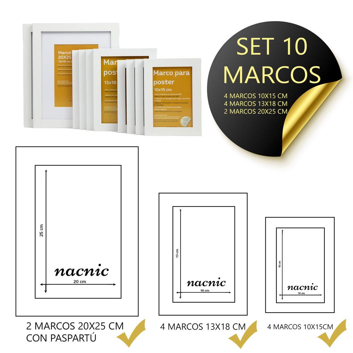 RAHMEN Set mit 10 aus MDF und Acrylglas Schutz und Aussteller für Fotografien, Bilder, Poster, Gemälde Farbe Weiß 20x25, 13x18, 10x15 cm - Weiß, Holz (20/3cm) - Nacnic