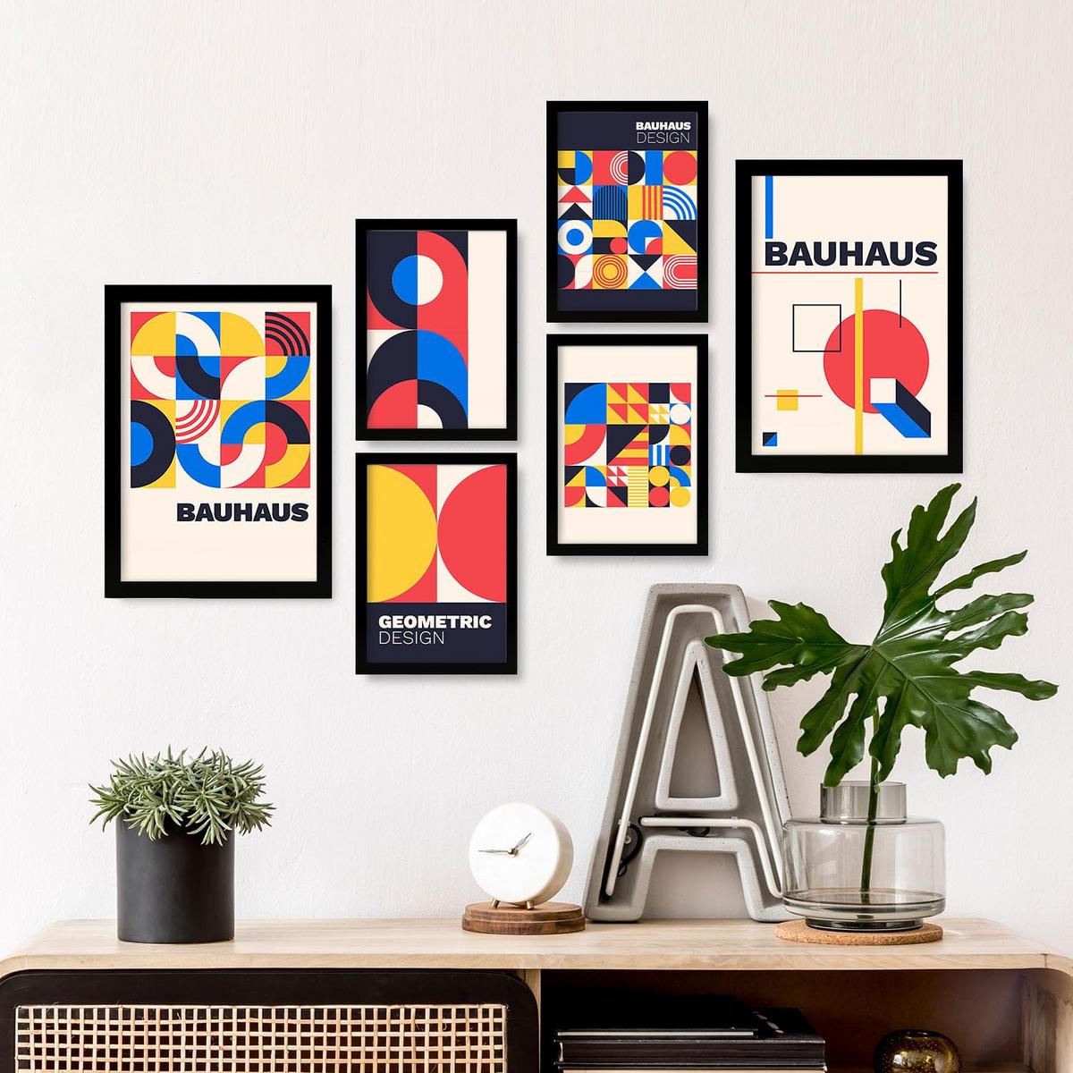 POSTER Set Mit 6 Drucken Im Bauhaus 2 Geometrische Designkollektion Drucke Mit Ästhetische Dekorative Rahmen Für Zuhause A3 & A4 Schwarzer Rahmen - Schwarz, Papier (29/3cm) - Nacnic