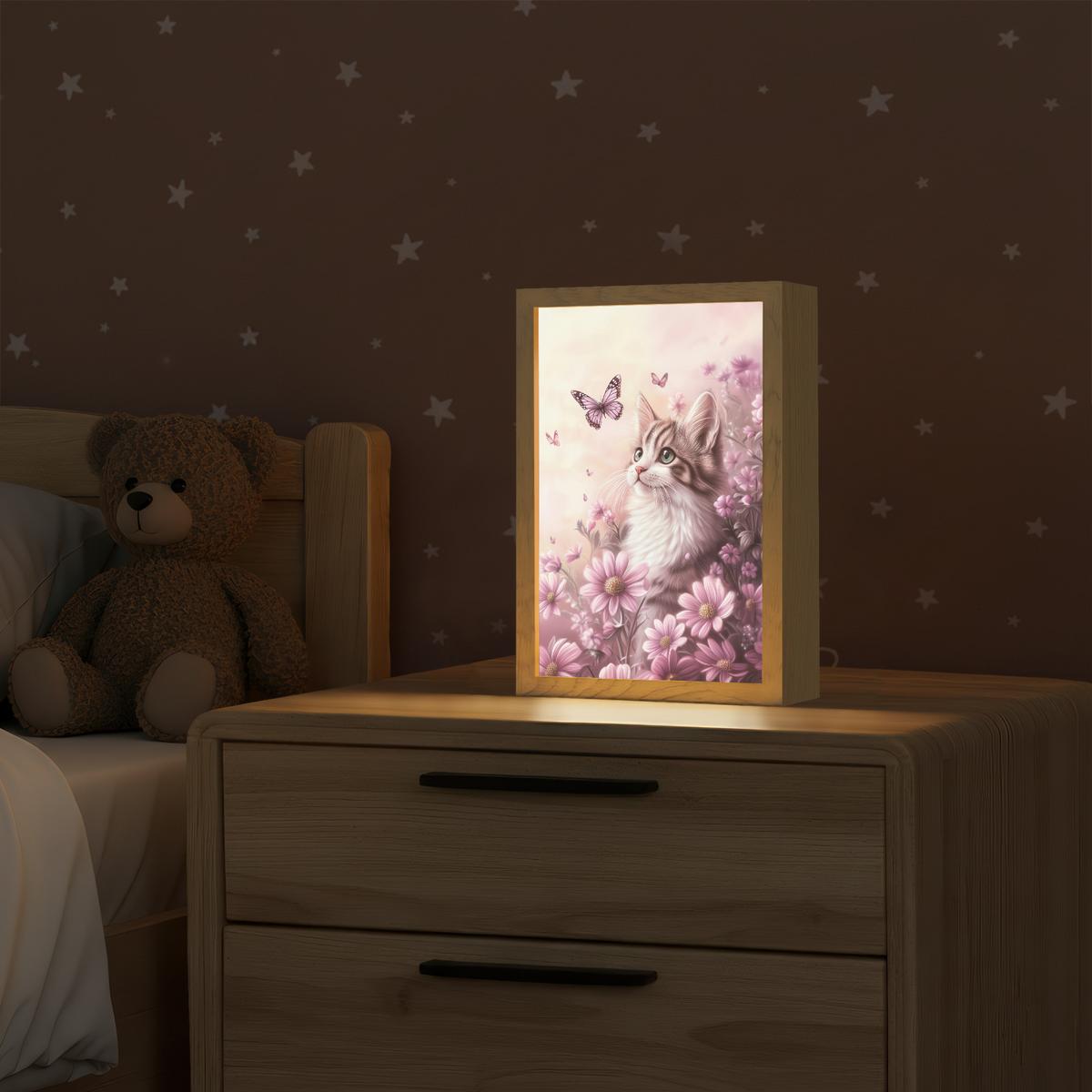 WANDLEUCHTE Kätzchen - Blumen - Schmetterlinge - Lila 20x30 cm - Altrosa, Holzwerkstoff (20/30/8cm) - OnlyWow