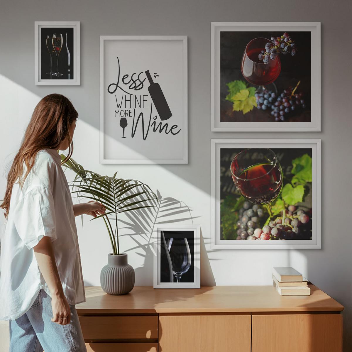 BILDER SET 5er Set - 50x50 cm & 20x30 cm & 40x60 cm Weißer Rahmen - Weingläser mit Trauben und Inschrift - Weiß, Kunststoff (40/60cm) - TULUP
