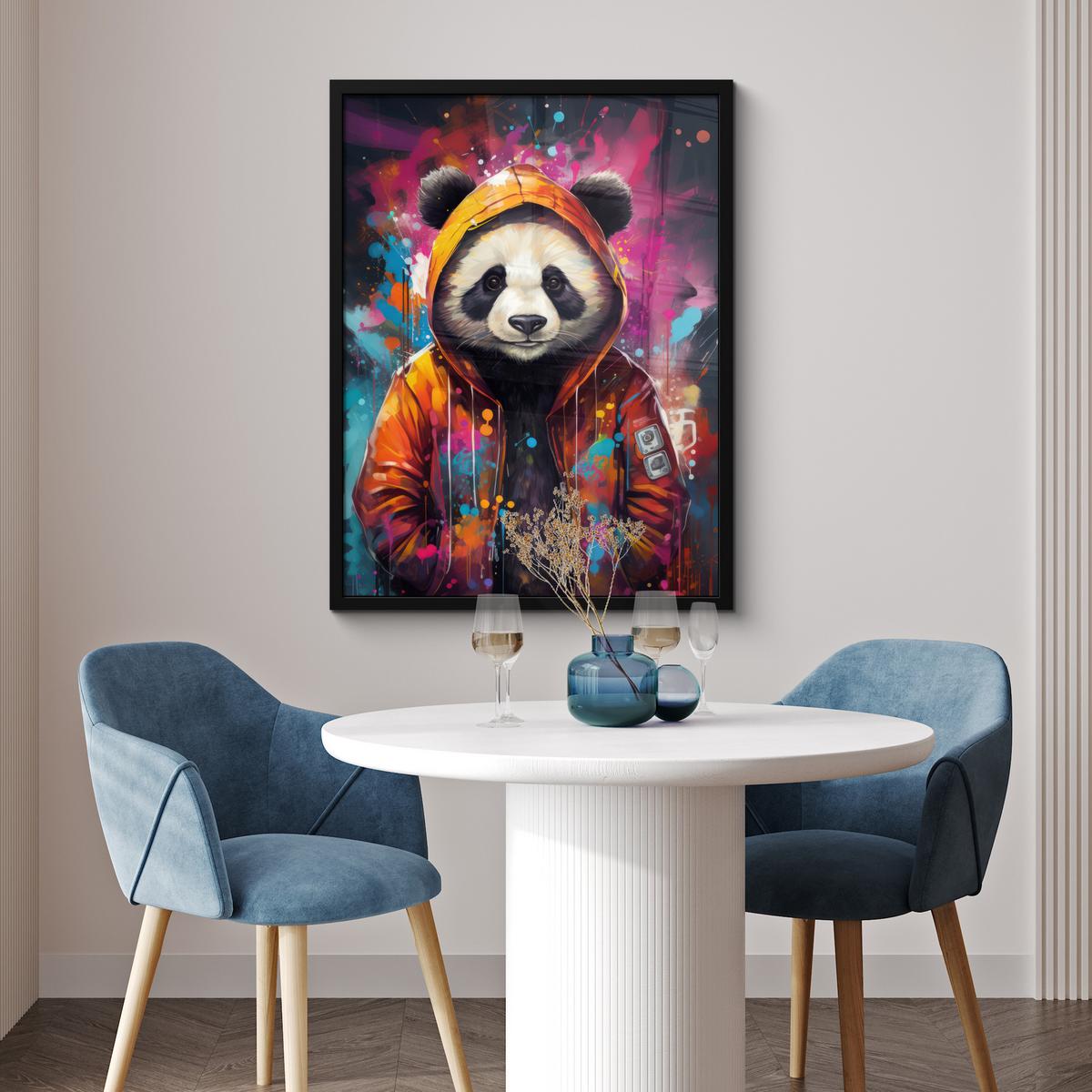 POSTER MIT RAHMEN Panda - Jacke - Graffiti - Orange Posterleiste 60x80 cm - Orange, Papier (60/80cm) - MuchoWow