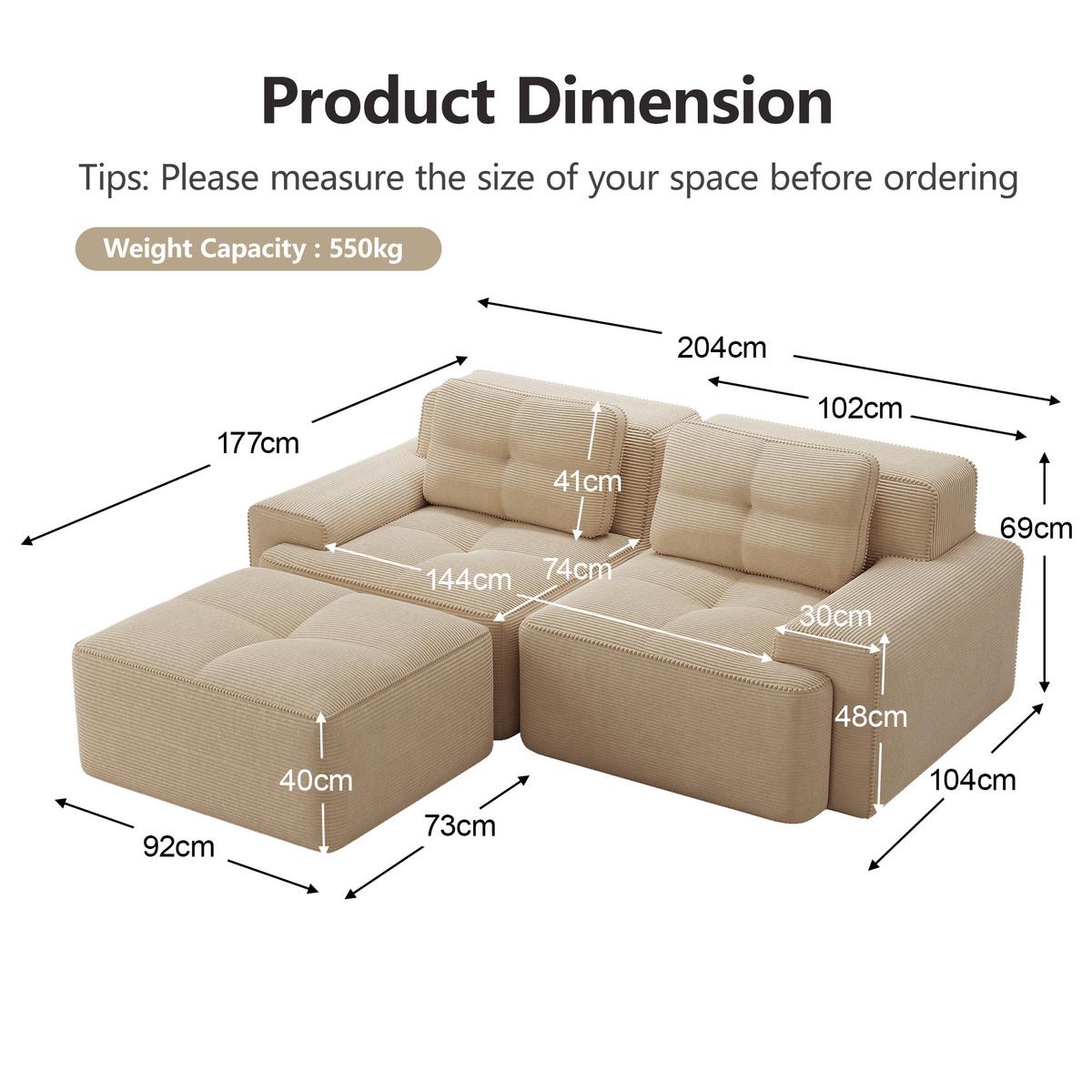 ECKSOFA Modulares Boneless Cord Sofa 2-Sitzer - Beige, Textil (204/177cm) - Urban Meuble