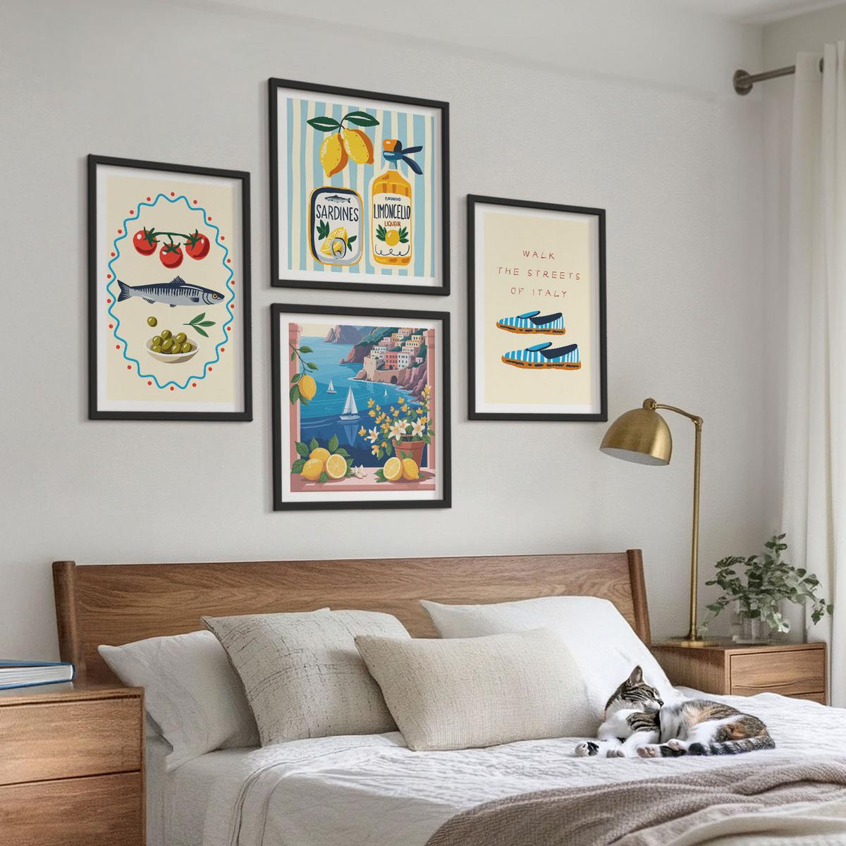 BILDER SET 4er Set - 50x50 cm & 40x60 cm Schwarzer Rahmen - Italienische Aromen, farbenfrohe Bilder - Schwarz, Kunststoff (50/50cm) - TULUP