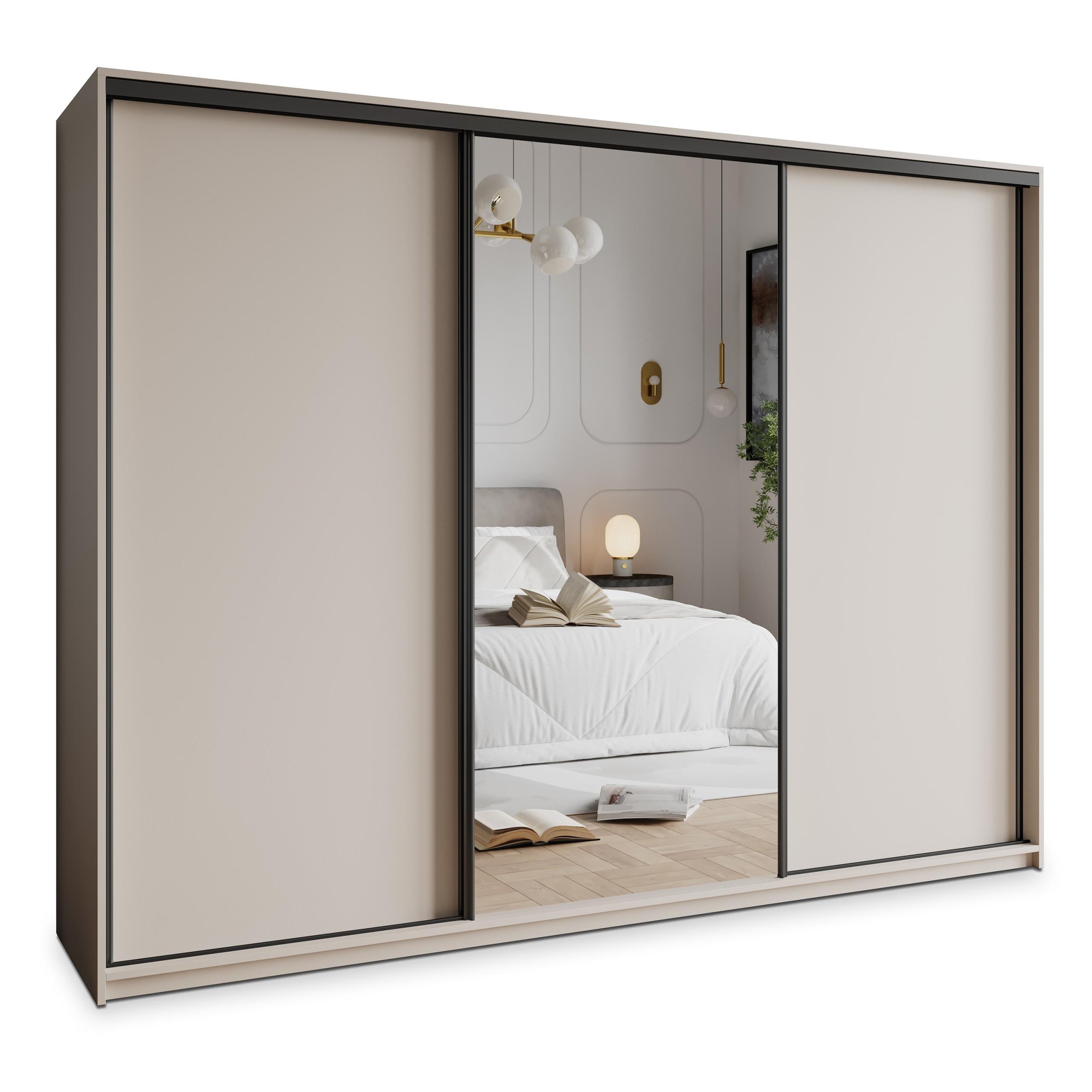 SCHWEBETÜRENSCHRANK TAVI 250/205/60 cm 3-türig mit Spiegel und Schubladen Kaschmir - Kaschmir/Schwarz, Holzwerkstoff (250/205/60cm) - MASSENO