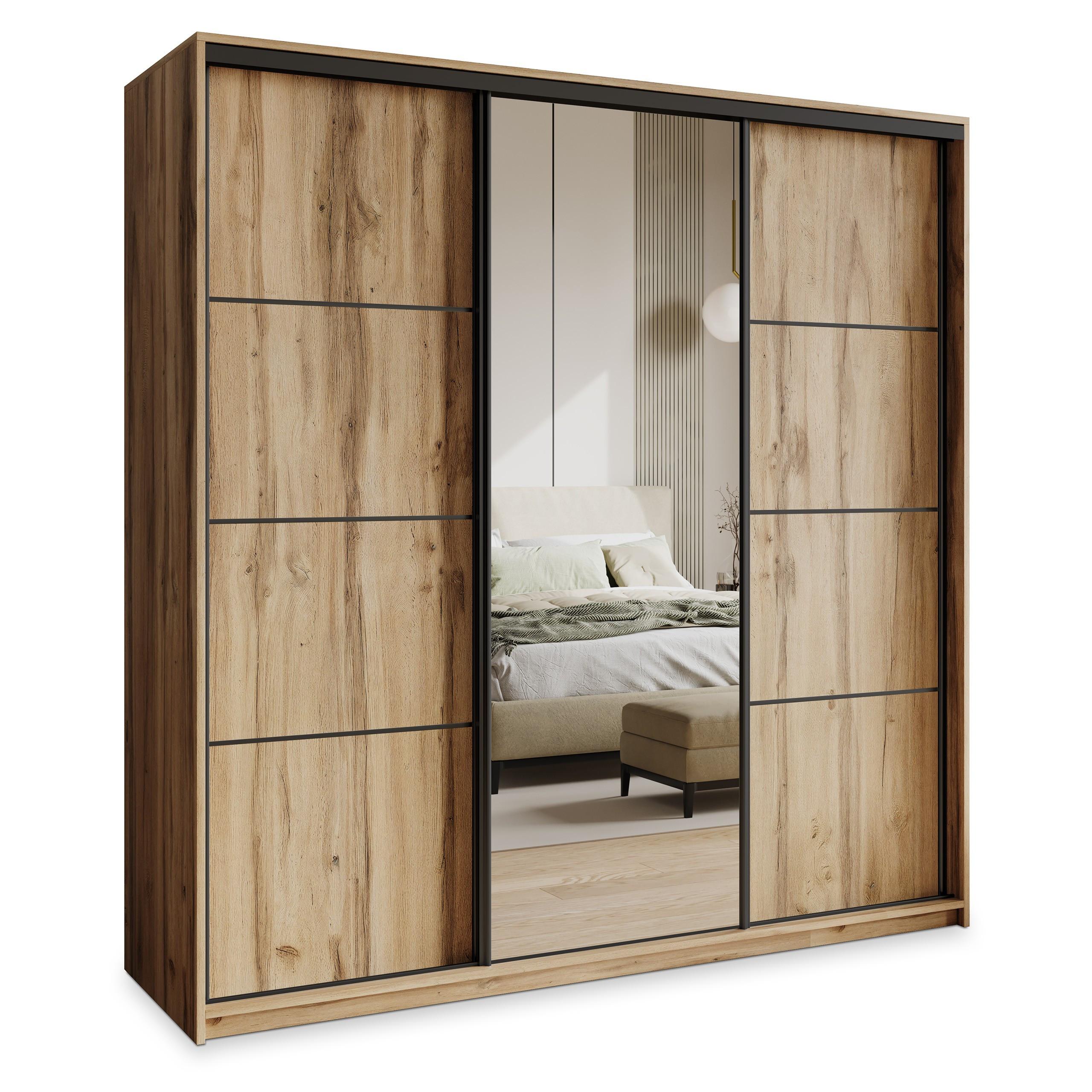 SCHWEBETÜRENSCHRANK VARO 200/205/60 cm 3-türig mit Spiegel Eiche Wotan - Eiche Wotan, Holzwerkstoff (200/205/60cm) - MASSENO
