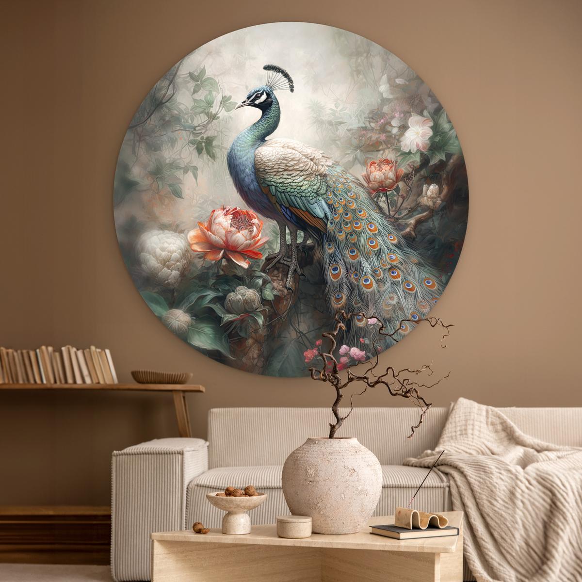WANDBILD Pfau - Pfauenfedern - Vogel - Dschungel - Blumen Wandbild 120x120 cm - Smaragdgrün, Kunststoff (120/120cm) - MuchoWow
