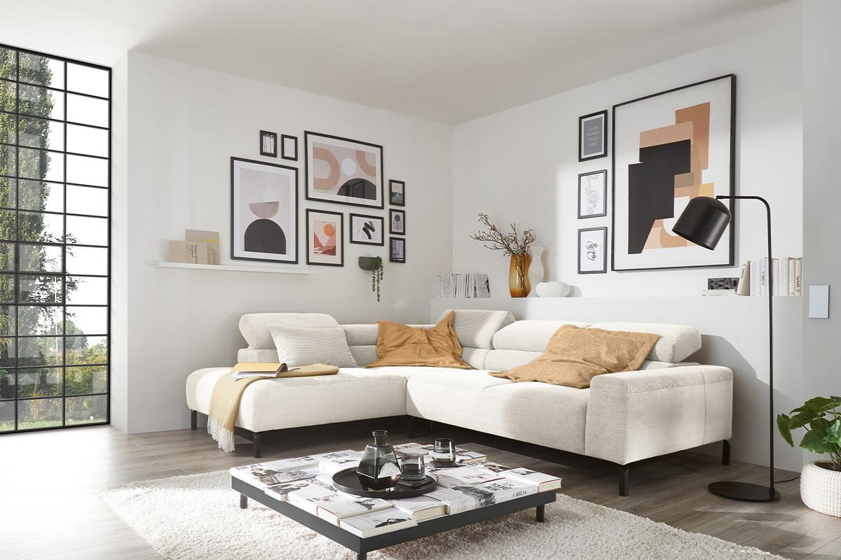 ECKSOFA MIT MOTORISCHEM SITZVORZUG DELIA Weiß Cord Relaxfunktion - Schwarz/Weiß, Textil/Metall (276/219cm) - KAWOLA