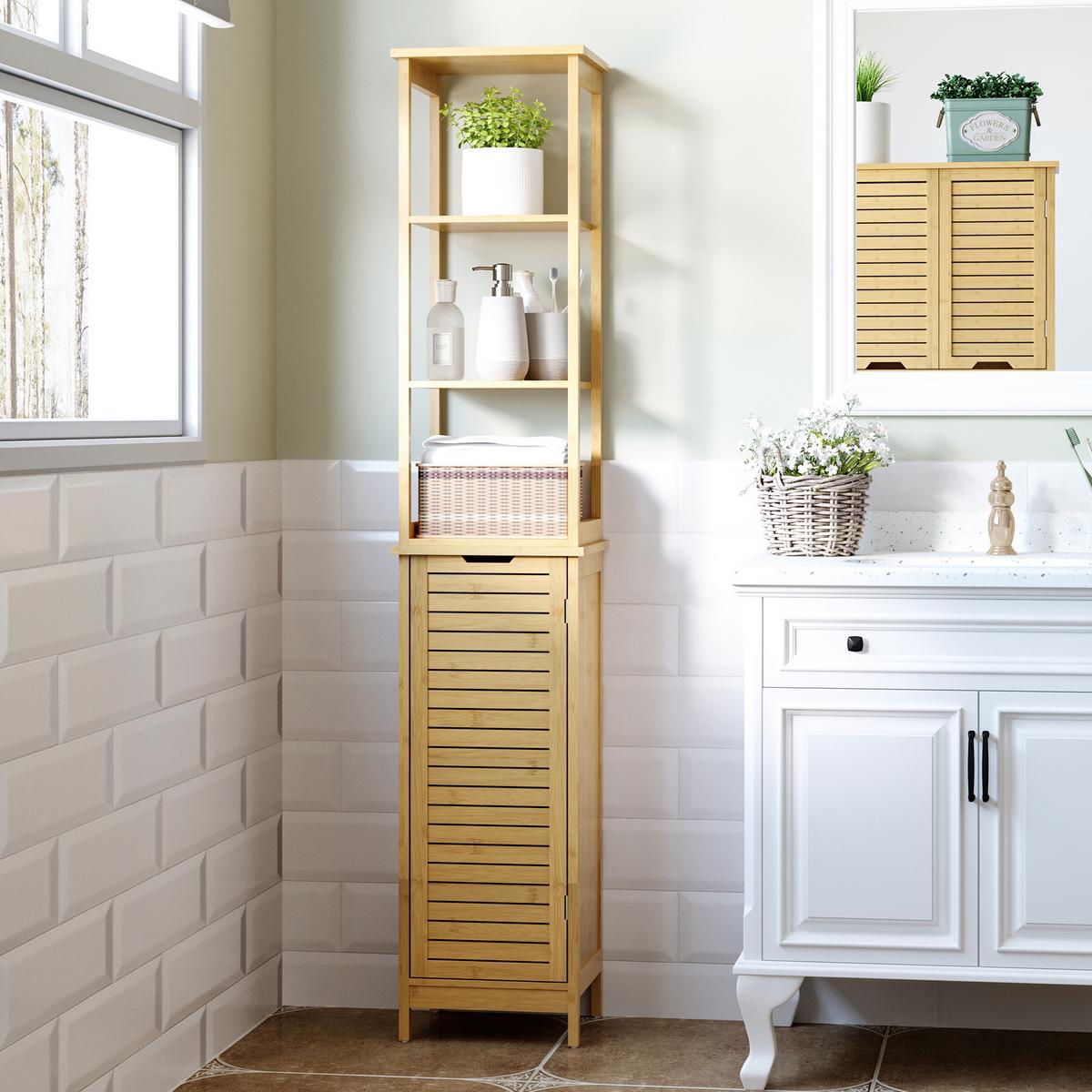 HOCHSCHRANK mit 3 offenen Fächer und 1 Schrank, kleine Räume, Natur - Naturfarben, Holz/Bambusholz (30/173/34cm) - Kleankin
