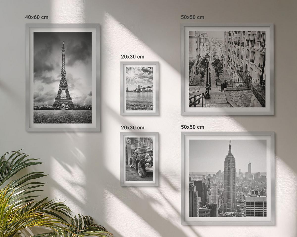 BILDER SET 5er Set - 50x50 cm & 20x30 cm & 40x60 cm Silberner Rahmen - Neonlinienwellen im Hintergrund - Silberfarben, Kunststoff (40/60cm) - TULUP